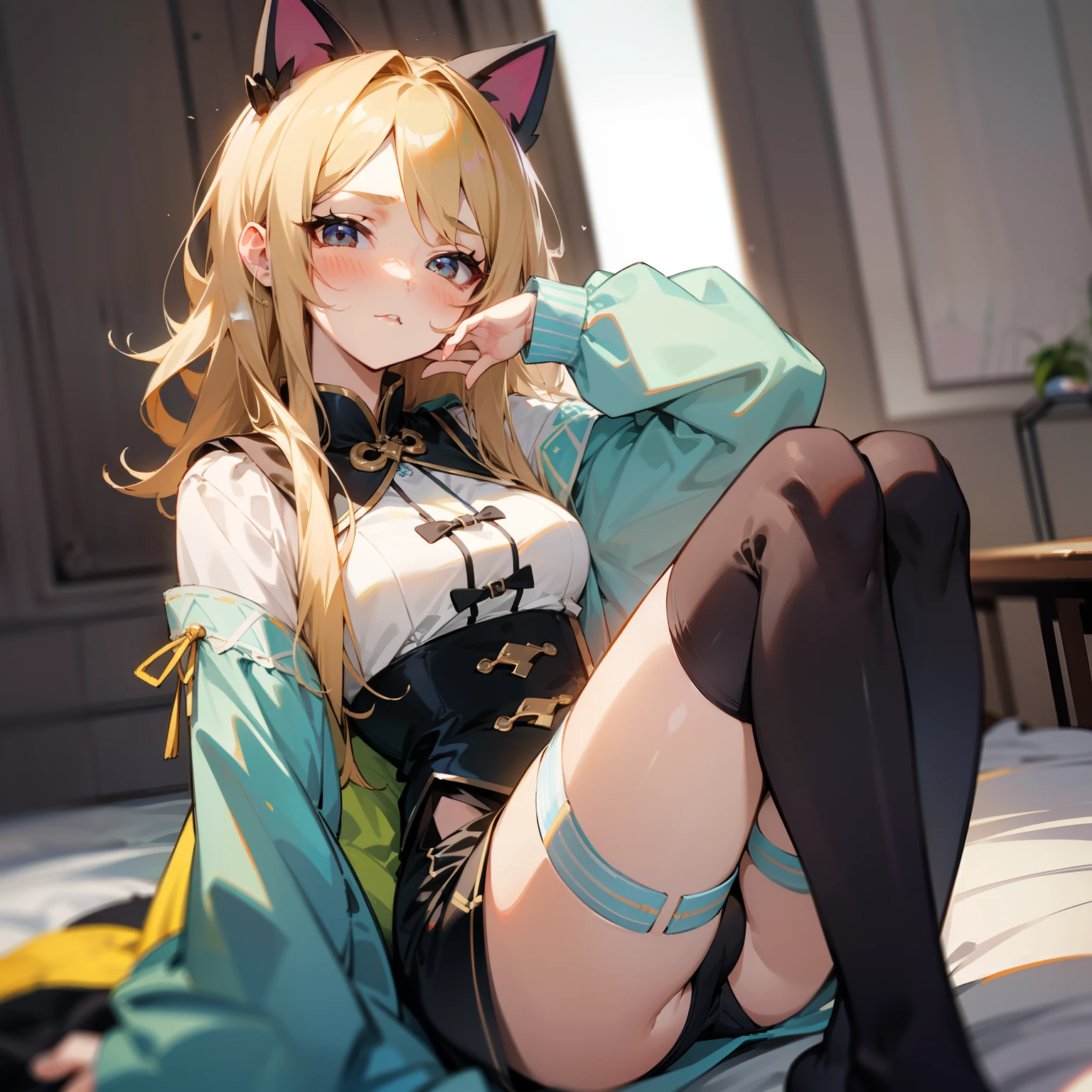 Best quality, 超高分辨率, 1girll, nakeness, Cute, (Kpop idol), (aegyo sal:1), (black blonde hair:1), ((Puffy eyes)), view the viewer, full bodyesbian, facing front, black lence stockings