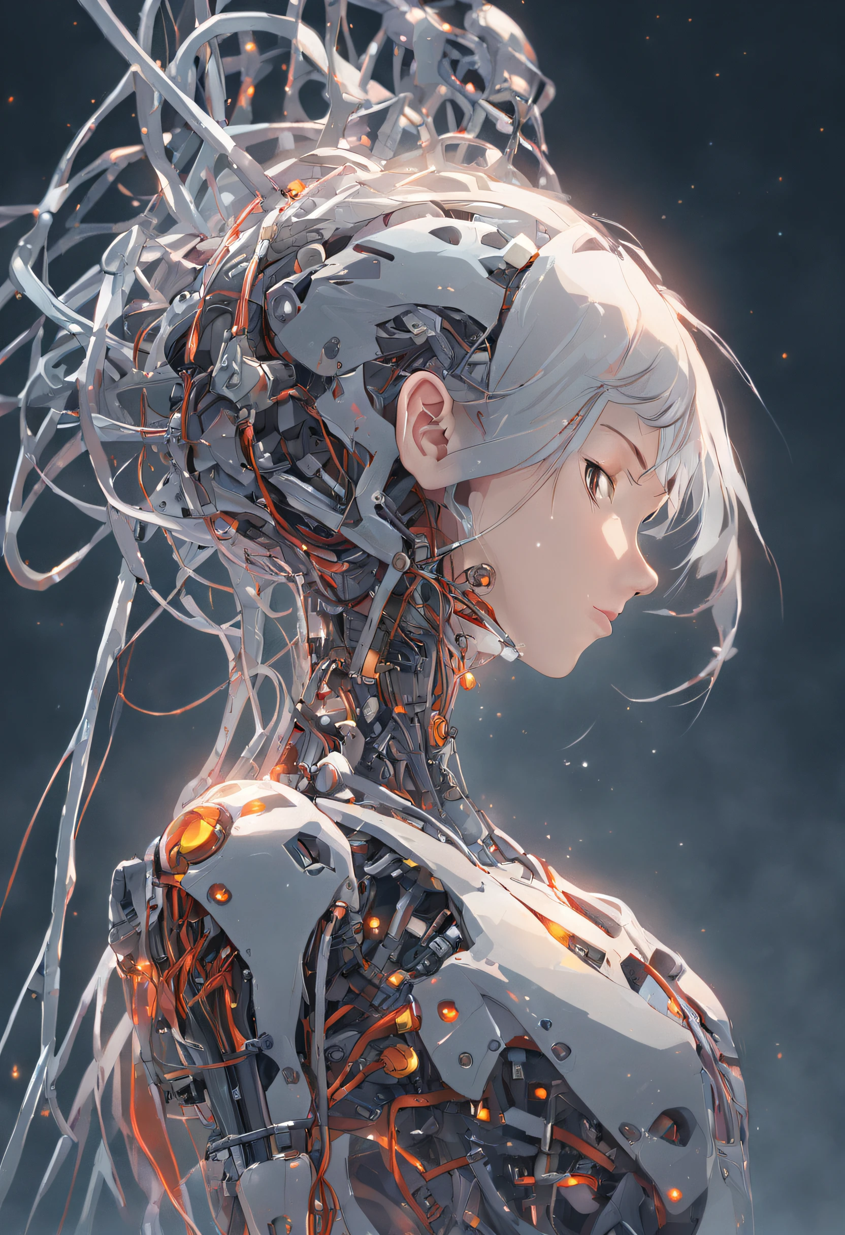 _(tmasterpiece, hiquality, Best Quality, official arts, beautiful and aesthetic: 1.2), (1 girl: 1.3), Extremely detailed, graphically, As much detail as possible ((Ultra-detailed)), (highly detailed computer illustration), (( Very gentle and beautiful)),(from side),cinematiclight,((1 Mechanical Girl)),独奏,body complet,(Machine joints:1.2),((Mechanical Limbs)),(Blood vessels are connected to tubes), (Mechanical vertebra, attached to the back), ((mechanical cervical spine, attached to the neck)), (sitting), devoid of expression, (Wires and cables, attached to the neck: 1.2), (wires and cables on the head: 1.2) (focus character), science fiction,whitebackground,(bloods:1.5)