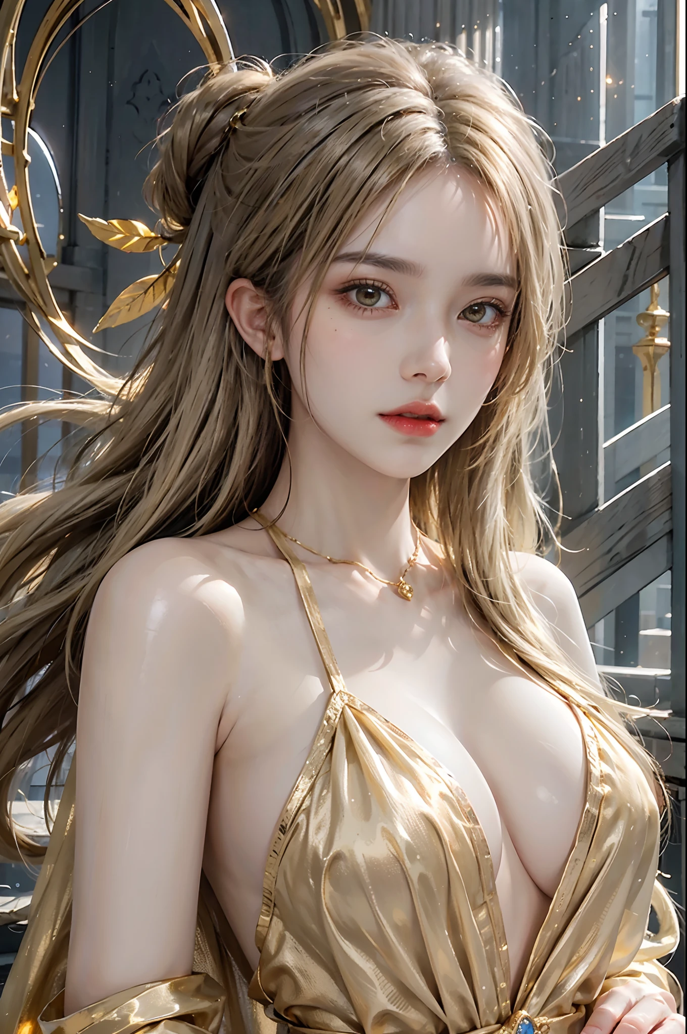 ultra detailed 8k cg,intricate detail,delicate patern,jewelry,gem,gold,golden,gold theme,shiny,glint,sparkle,blonde hair,yellow cloak,yellow eyes,rich,prestige,gothic architecture,(topless:1.1),
