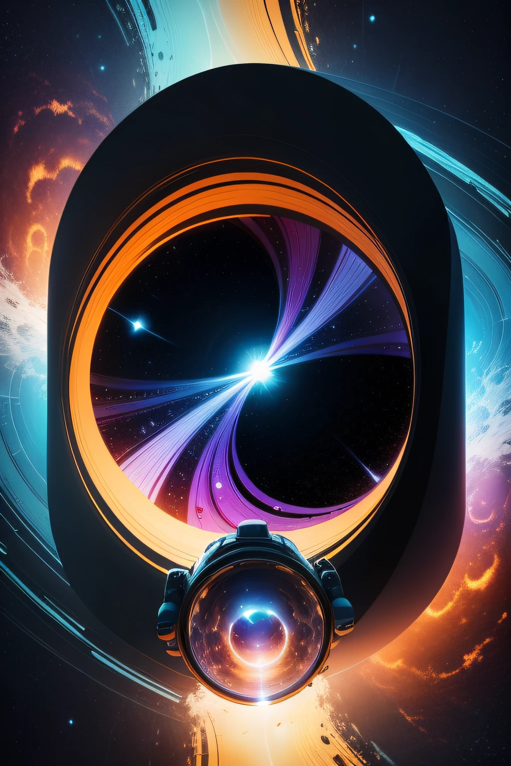 Illustrate an astronaut traveling through a wormhole, with distorted colors and shapes that create a sense of interdimensional travel.