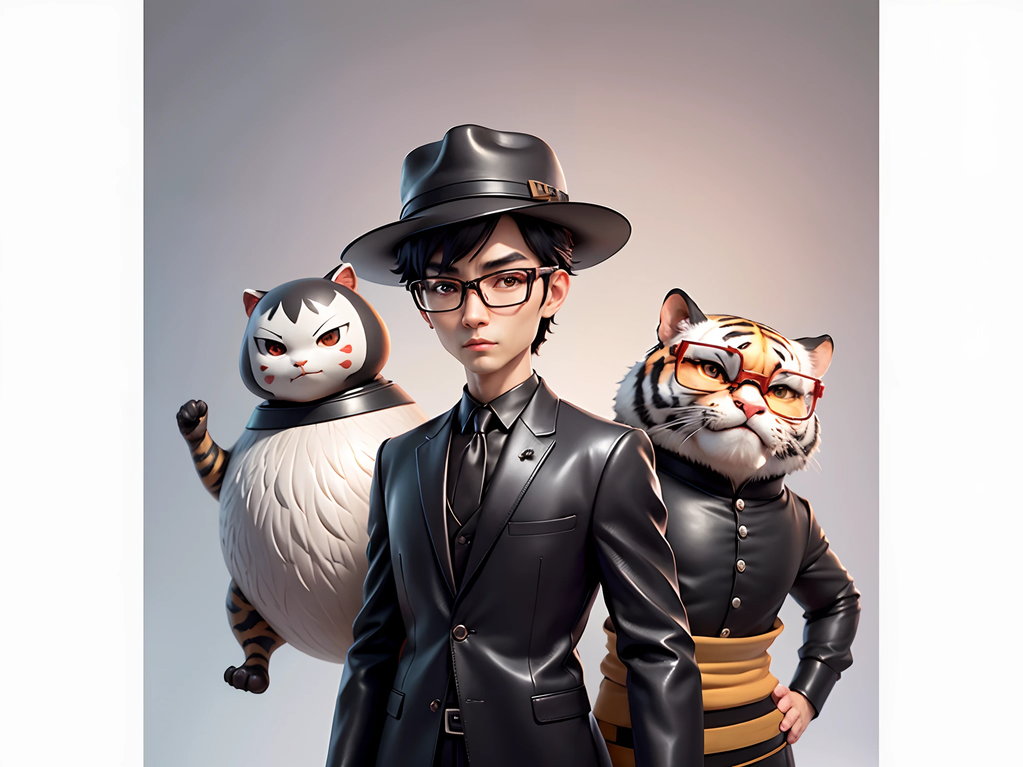Young man with oriental face in leather hat, tiger, oriental face in formal suit, short black hair, silver glasses, digital painting, 3D character design by Mark Clairedon and Pixar and Hayao Miyazaki and Akira Toriyama, the illustration is a high-definition illustration in 4K resolution with very detailed facial features and cartoon-style visuals.