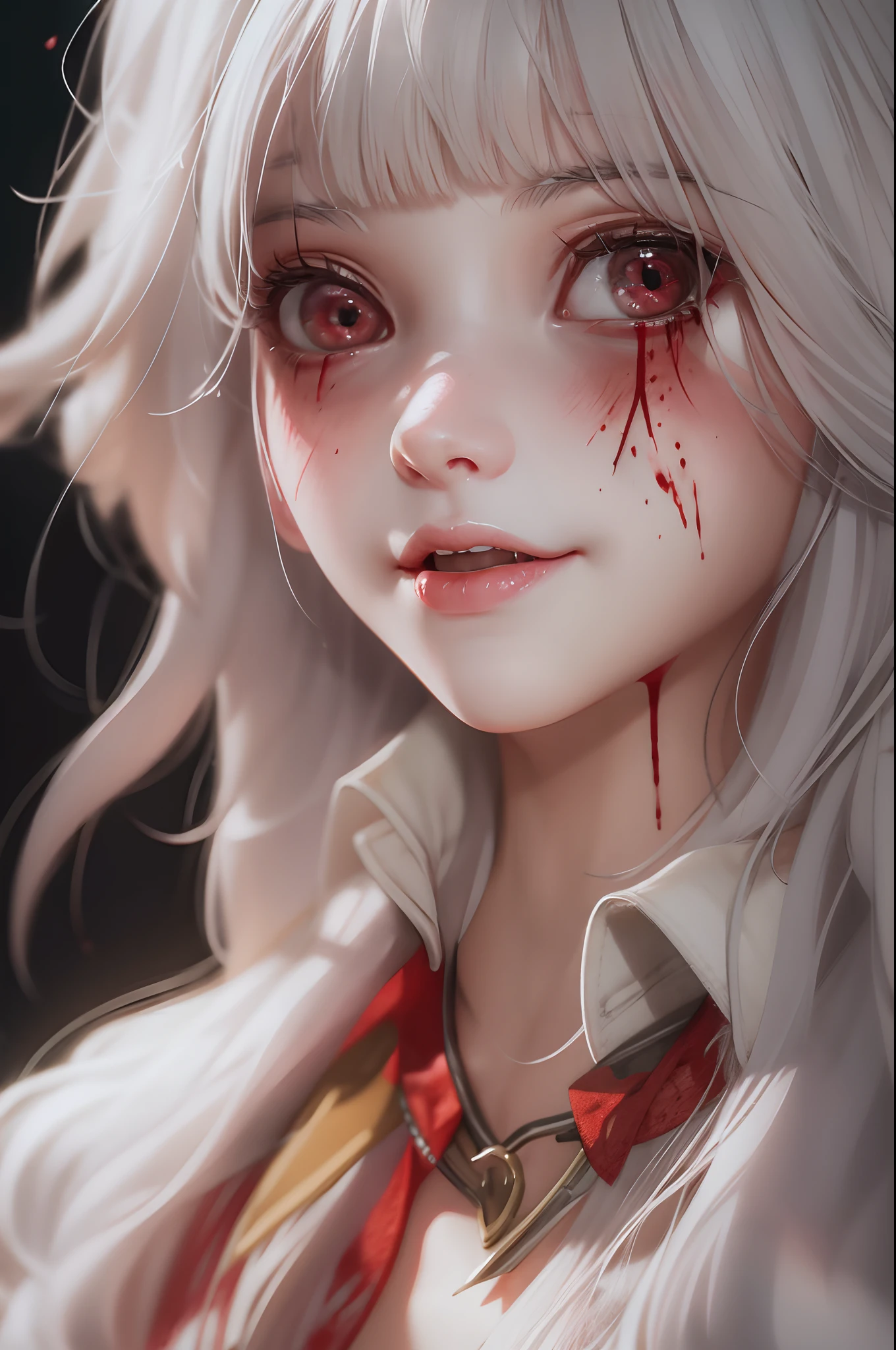 of a real,Perfect facial features,Realistic skin texture,Cute vampire girl,closeup cleavage,head portrait,with her mouth open,(See the throat:1.4),Blood-red eyes,(long canine teeth:1.4),There is blood on the teeth,long whitr hair,(blood stains at the corners of the mouth:1.4),Blood,depth of fields,dynamic blur,high light,Real light,Ray traching,oc rendered,Hyper-realistic,best qualtiy,8K,Works of masters,super-fine,Detailed pubic hair,Correct anatomy,sharp focus on eyes,Bokeh,Facial features are carefully depicted