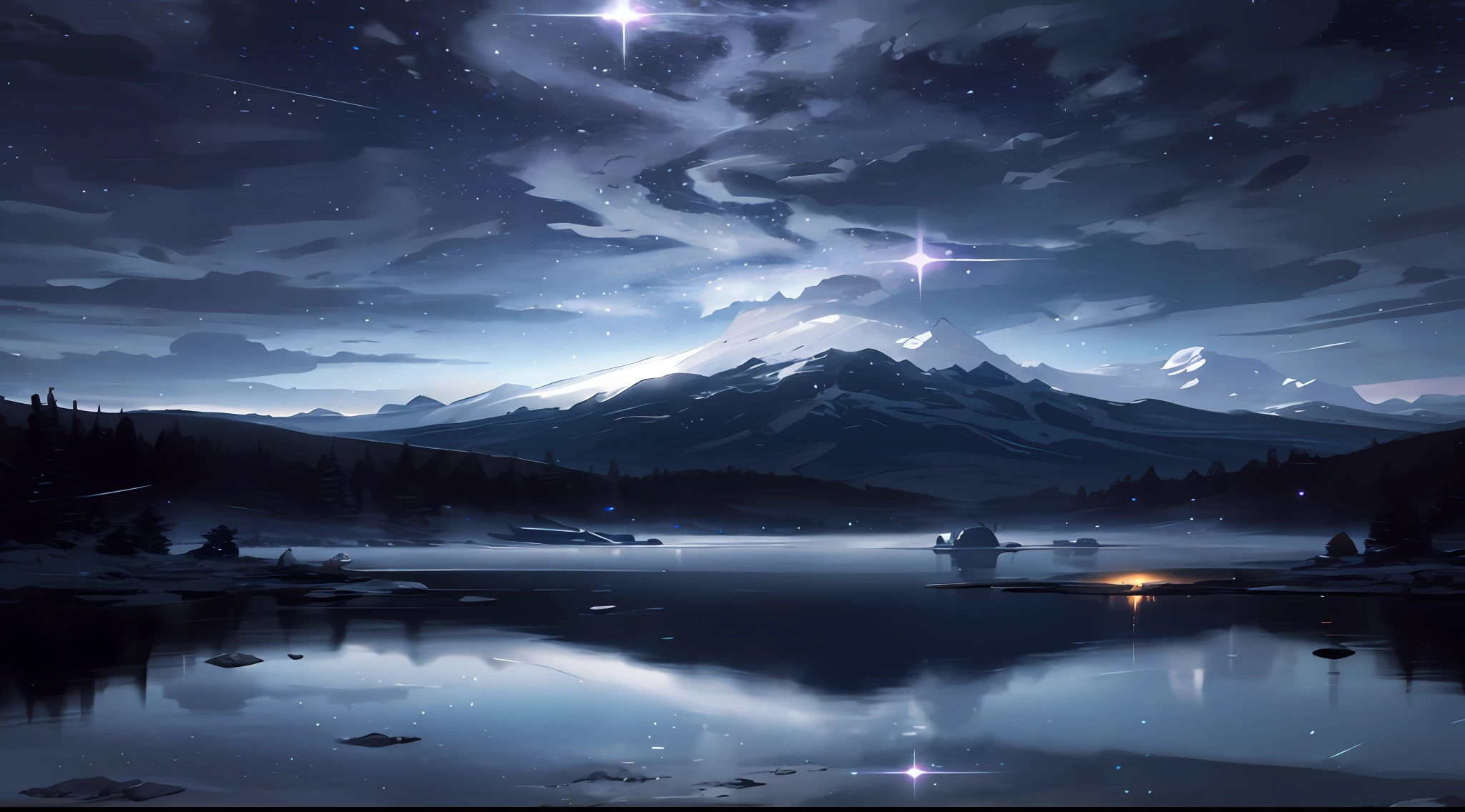 A starry sky with mountains with a huge dome in the distance, inside of which there is a city with tall white buildings, Jessica Rossier, Inspired by Jessica Rossier, Jessica Rossier Fantasy Art, Concept Art Magical Moments, Official Work of Art, Dream Painting, Ethereal Realm, Atmospheric Artwork, Dreamy Matte Paintings, Serene Endless Stars Inspired by Ted Nesmit, Lunar Star Wednesday, Epic Music Album Covers.