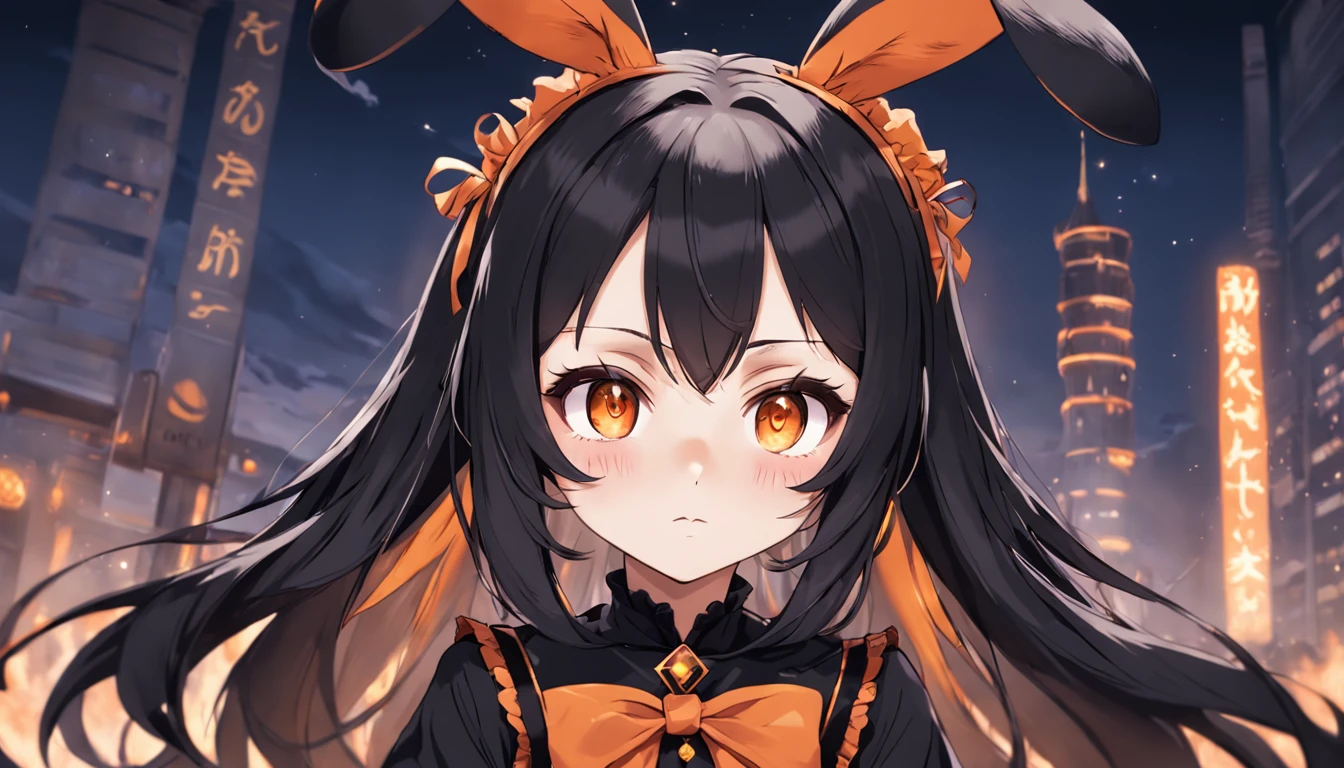 Detailed black and orange bunny girl headband ears, A dark-haired, Petite 18 year old girl with cute anime face in black and orange costume, Lolita Gothic, black - haired mage, Stylized anime, Mystic Anubis Wizard, Strict witch, Well-groomed Face, Nicely trimmed eyes, High quality, Well-formed big, Show full body in image