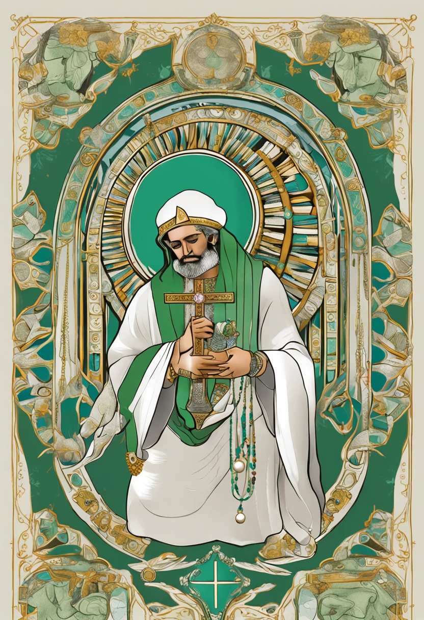 Create an image of a man with a pair of white wings behind his back, 3 heads, each head has 3 green eyes, 6 arms, the right hand holding a golden cross, the left hand holding a pearl rosary with 18 beads, in front of him in the middle is a blue Koran book lying on a carpet. The background is white with wisps of pale gray clouds drifting by