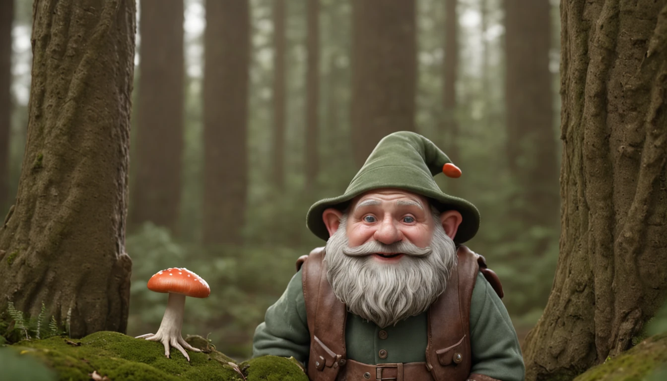 funny real man looking like forest gnomes under big mushrooms, , in the style of unreal engine 5, duffy sheridan, 32k uhd, douglas smith, michael malm, hyper-realistic representation, close up