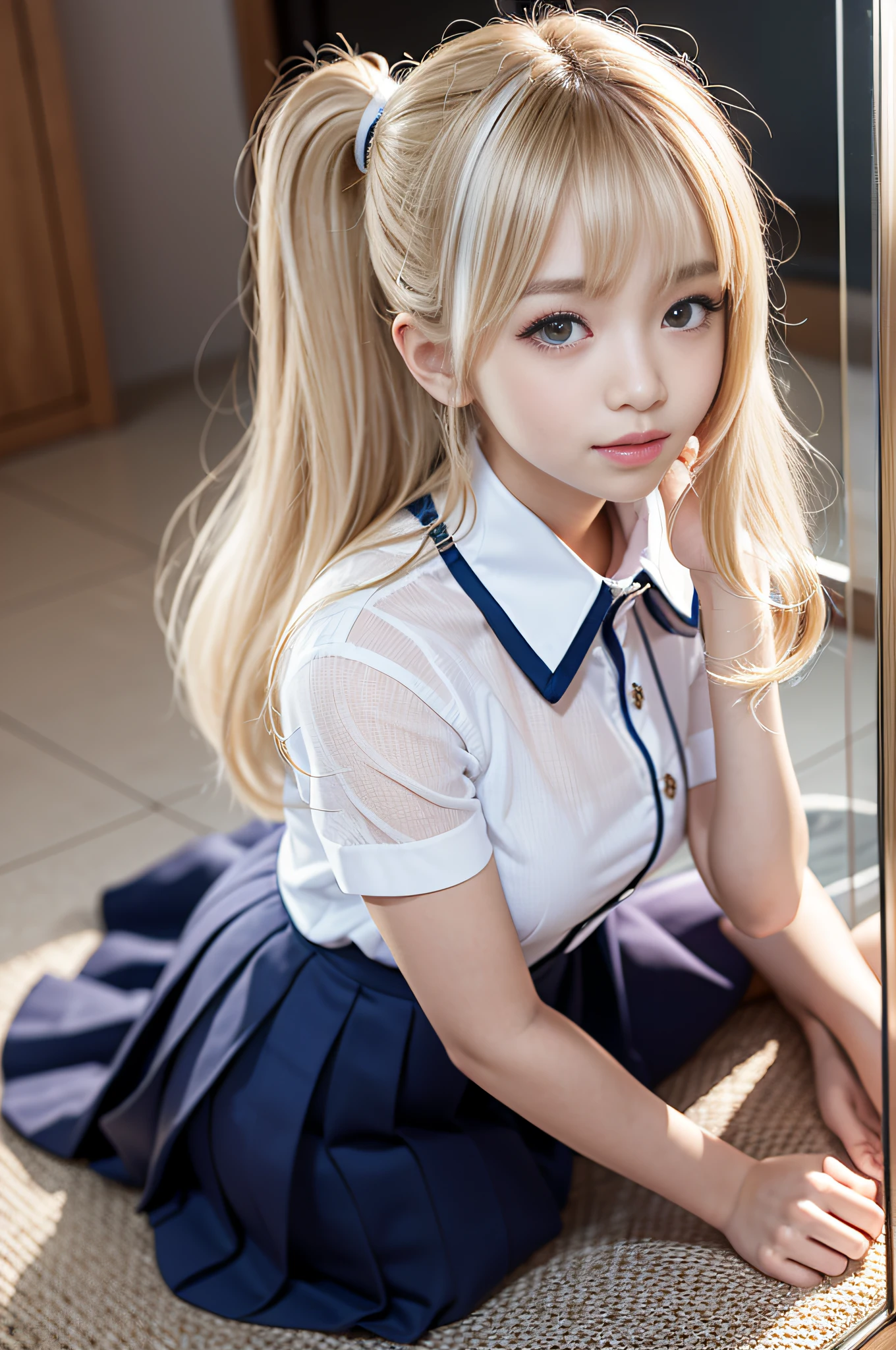 (extremely detailed CG unity 8k wallpaper,masterpiece, best quality, ultra-detailed),school classroom setting,sunlight filtering through trees,beautiful blonde high school girl with twintails and ahoge(D-cup),smartphone in hand,fidgeting with it,beautiful black-haired high school girl,thin and flat-chested, wearing sailor uniform,sitting on chair and having conversation with blonde girl who is sitting on desk,in the evening.