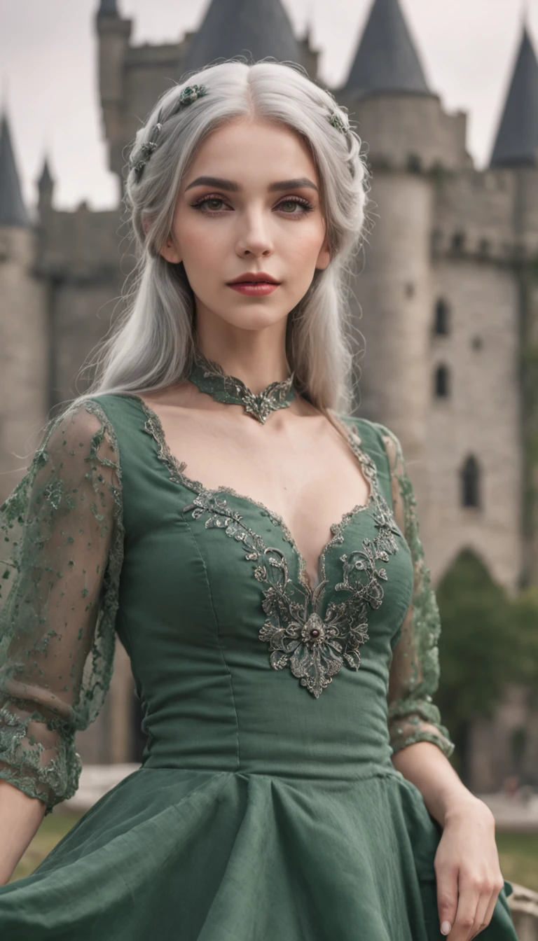 a woman with grey hair and a green dress in front of a castle, gothic city streets behind her, photo of a beautiful woman, gorgeous woman, very beautiful elven top model, perfect white haired girl, beautiful model girl, beautiful girl model, fantasy woman, cute woman, gothic princess portrait, photography portrait 4 k, beautiful fantasy portrait, dark green hair