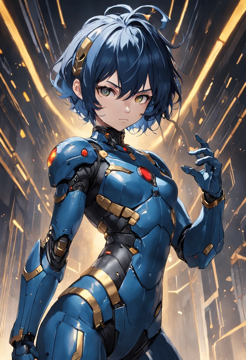 Only one woman, Wear a cybernetic suit+Ant-Man costume+black armor with golden parts, extremely tight on the body,Tight, blue hair, Very short hair, Very messy hair, the hair,Bangs in front of the eyes, helmet on her head, looking at viewert, (((Pose for interaction and dependence on something))), In the maze of machines, droid, ogre, trap, Good luminescence, ((full bodyesbian):1.5). 16k, hyper HD, Best quality at best, ((best detail):1), Best resolution, Unreal Engine 5, Professional photography, ((Castlevania Night Symphony))