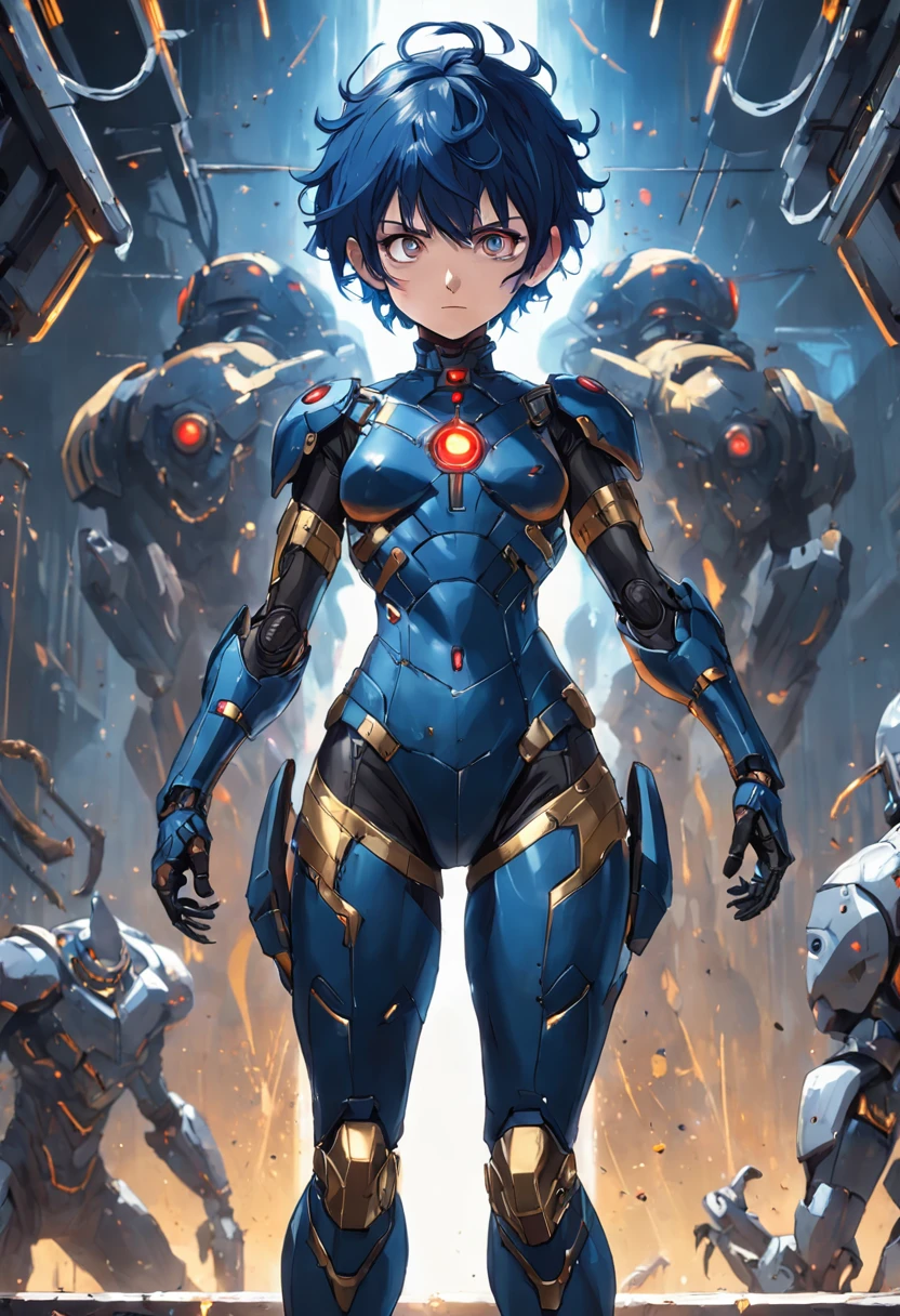 Only one woman, Wear a cybernetic suit+Ant-Man costume+black armor with golden parts, extremely tight on the body，Tight, blue  hair, Very short hair, Very messy hair, the hair，Bangs in front of the eyes, helmet on her head, looking at viewert, (((Pose for interaction and dependence on something))), In the maze of machines, droid, ogre, trap, Good luminescence, ((full bodyesbian):1.5). 16k, hyper HD, Best quality at best, ((best detail):1), Best resolution, Unreal Engine 5, Professional photography, ((Castlevania Night Symphony))