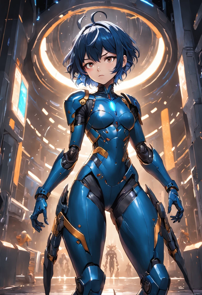 Only one woman, Wear a cybernetic suit+Ant-Man costume+black armor with golden parts, extremely tight on the body,Tight, blue hair, Very short hair, Very messy hair, the hair,Bangs in front of the eyes, helmet on her head, looking at viewert, (((Pose for interaction and dependence on something))), In the maze of machines, droid, ogre, trap, Good luminescence, ((full bodyesbian):1.5). 16k, hyper HD, Best quality at best, ((best detail):1), Best resolution, Unreal Engine 5, Professional photography, ((Castlevania Night Symphony))
