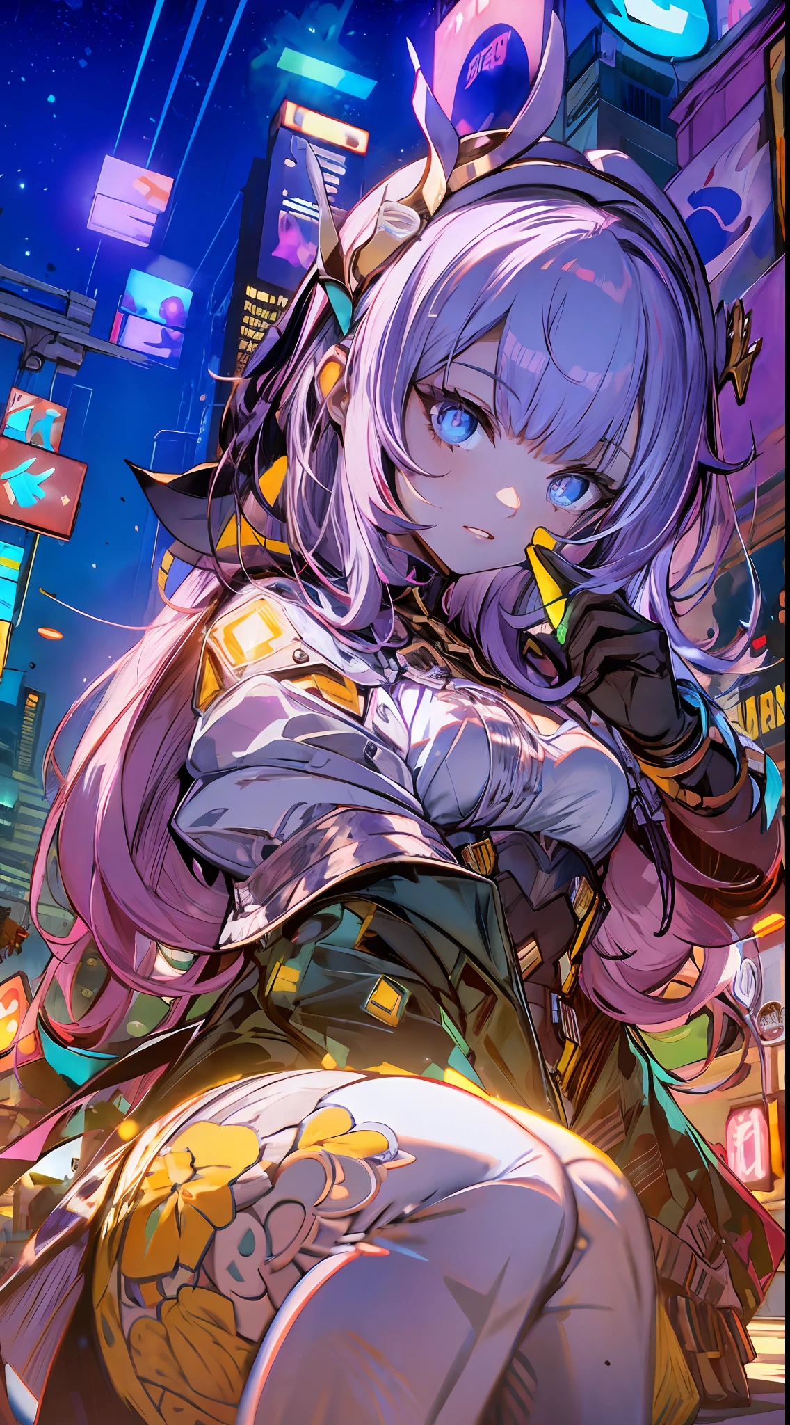 Noite, Fundo colorido da cidade cyberpunk, de rua, elysia,honkai impact,, olhos azuis, olhos brilhantes, Meias pretas, retroiluminado, brilhar, Surveying the audience, Low angle lens, olhando para cima lente, perfect composition, delicadeza perfeita de luz e sombra, 8k