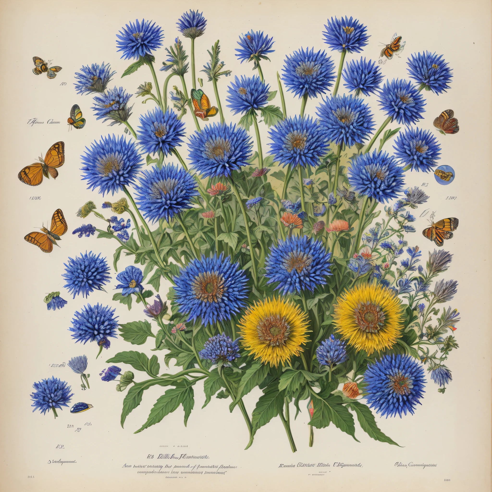 (beste-Qualit: 1.2), (Detailed: 1.2), (tmasterpiece: 1.2), Vintage botanical illustrations of butterflies and bees, ((Bouquet of cornflowers)) (1770-1775) in high resolution by John Edwards