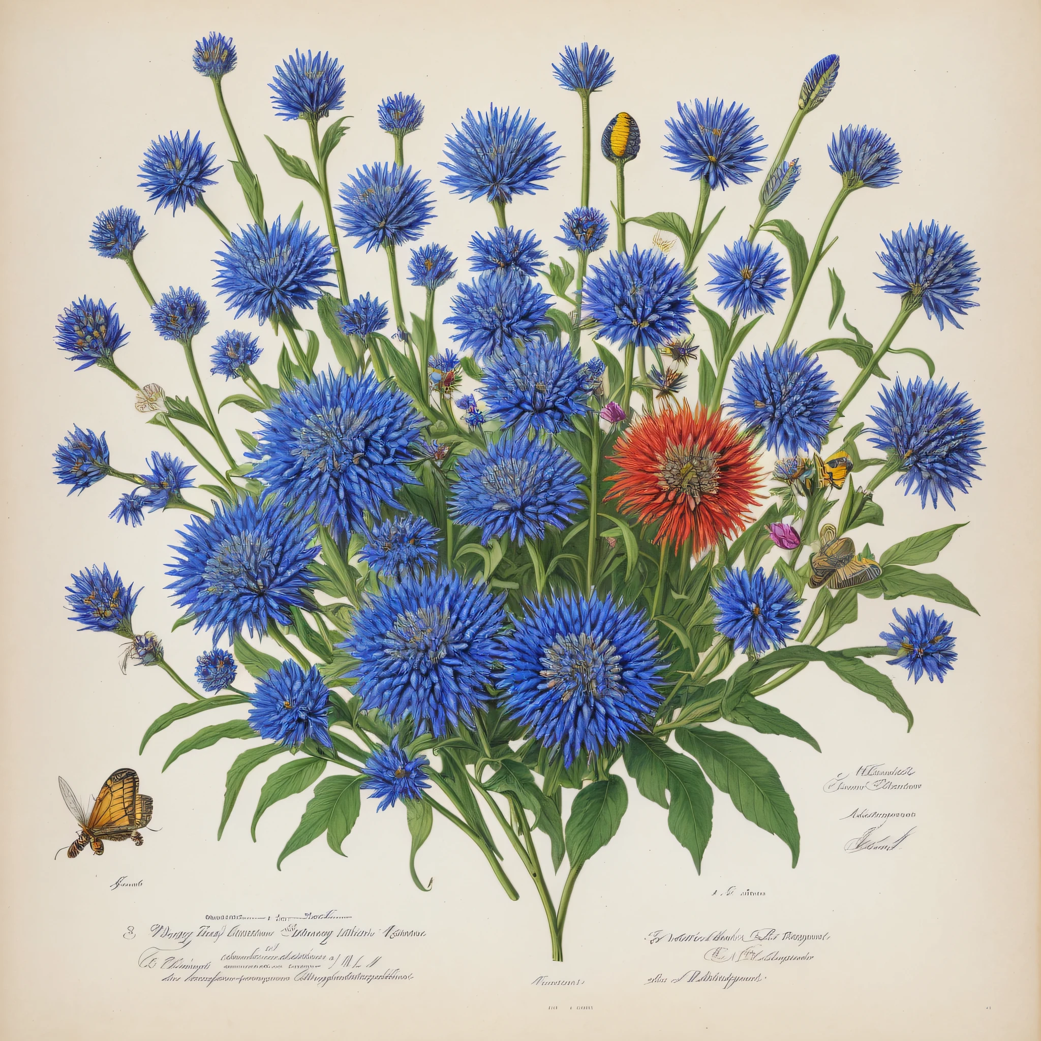 (beste-Qualit: 1.2), (Detailed: 1.2), (tmasterpiece: 1.2), Vintage botanical illustrations of butterflies and bees, ((Bouquet of cornflowers)) (1770-1775) in high resolution by John Edwards