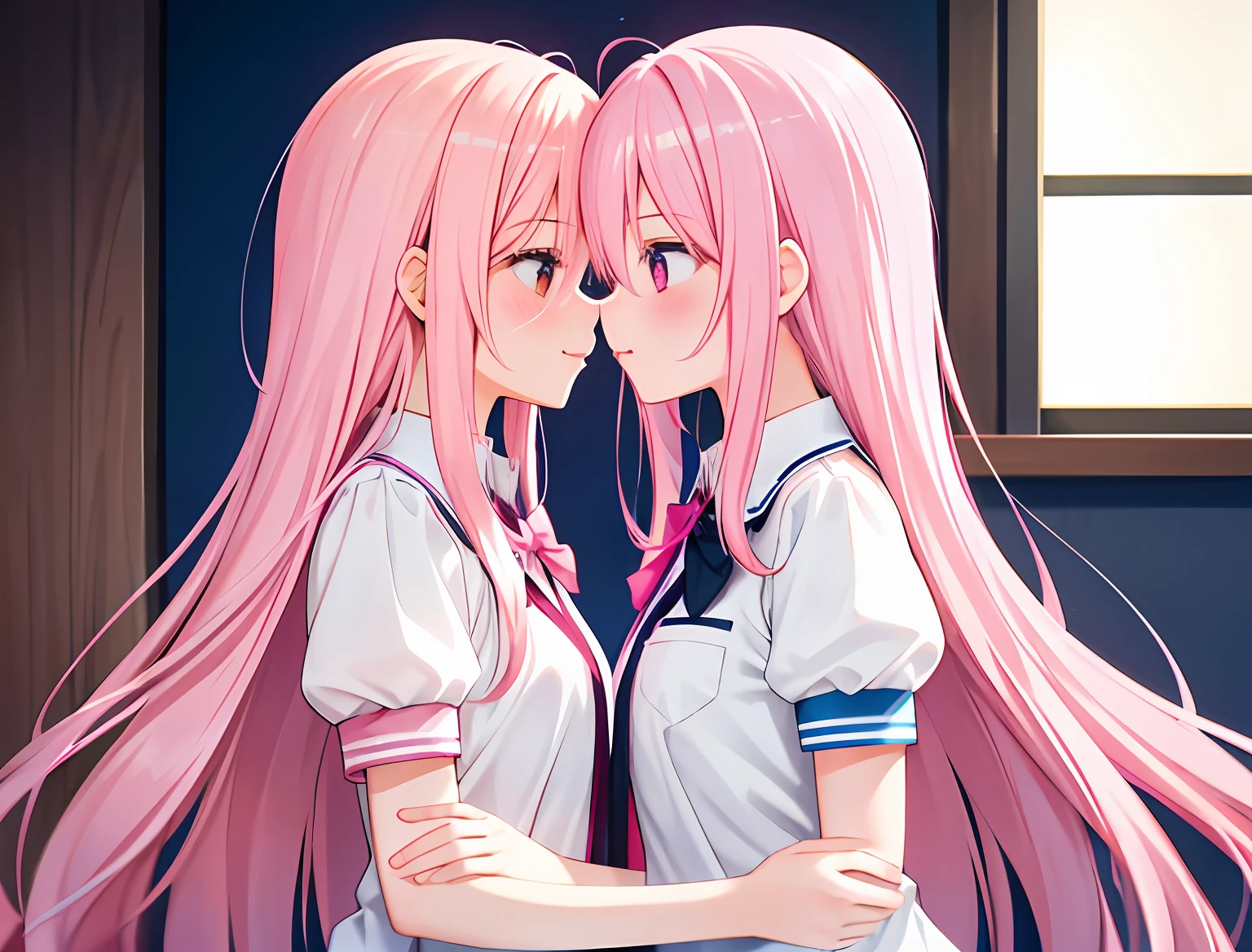 HighestQuali,Both stick out their tongues,deep kisses,Kiss,2girls,Girl1:adolable,A pink-haired,long whitr hair,girl 2:adolable,A pink-haired,long whitr hair,Symmetrical_docking,kissing and hugging,In the classroom