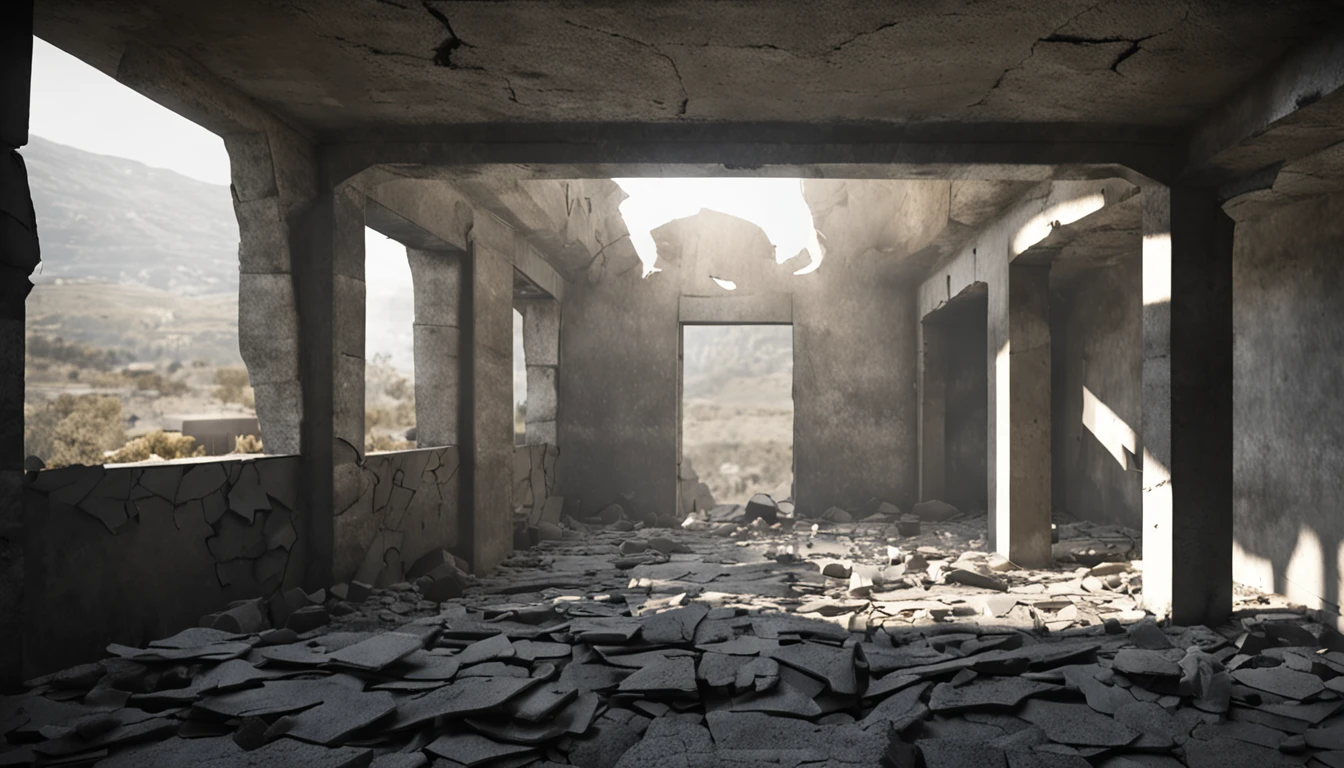 The image of the interior of a ruin is dark, its floor is made of broken stone tiles, its roof is made of concrete with parts of it falling off, the two walls on the left and right side of the image are made of cement which have small cracks and some of them have fallen off. In the center of two other and smaller walls meeting each other, there is an opening above this meeting point that directs the light into the dark space.