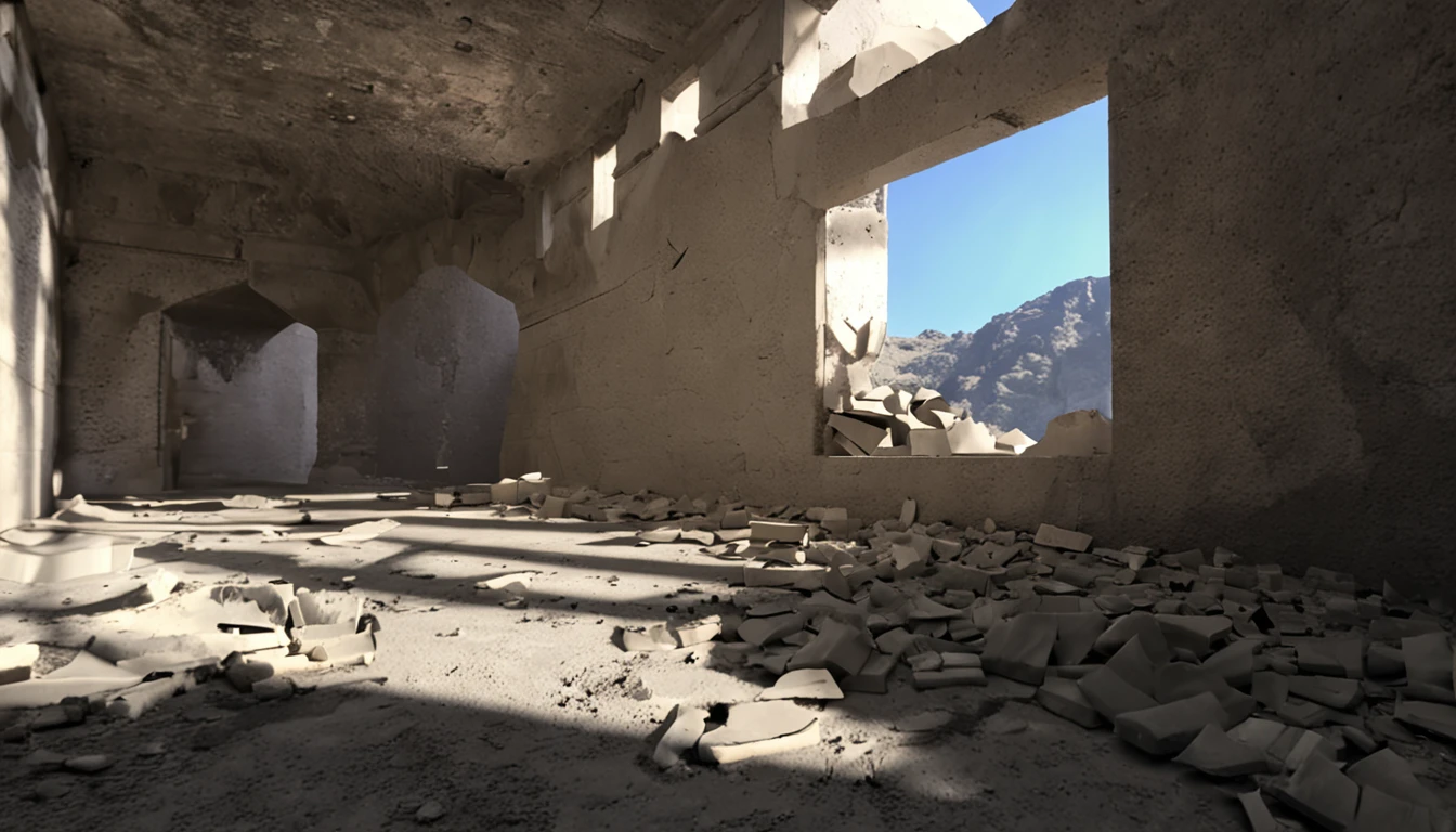 The image of the interior of a ruin is dark, its floor is made of broken stone tiles, its roof is made of concrete with parts of it falling off, the two walls on the left and right side of the image are made of cement which have small cracks and some of them have fallen off. In the center of two other and smaller walls meeting each other, there is an opening above this meeting point that directs the light into the dark space.