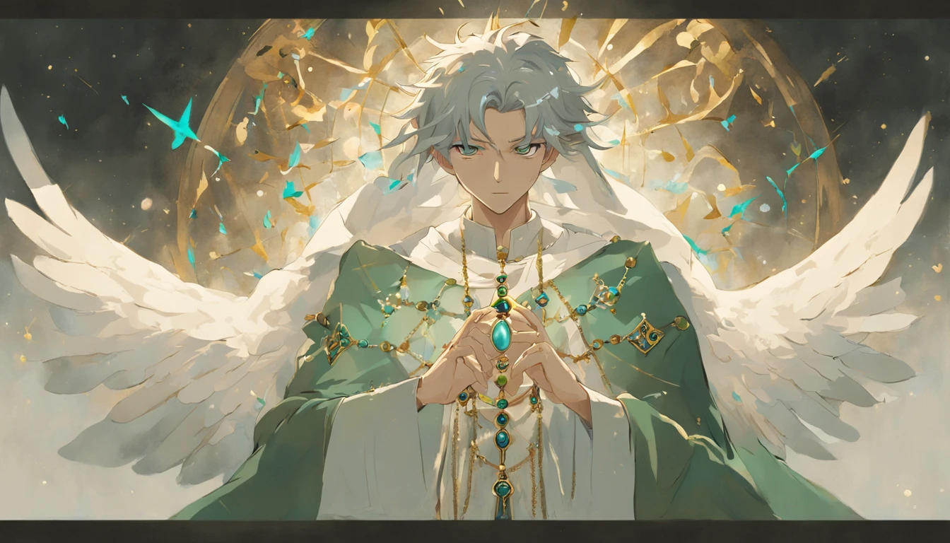 Create an image of a man with a pair of white wings behind his back, 3 heads , each head has 3 green eyes, 6 arms, the right hand holding a golden cross, the left hand holding a pearl rosary with 18 beads, in front of him in the middle is a blue Koran book lying on a carpet. The background is white with wisps of pale gray clouds drifting by