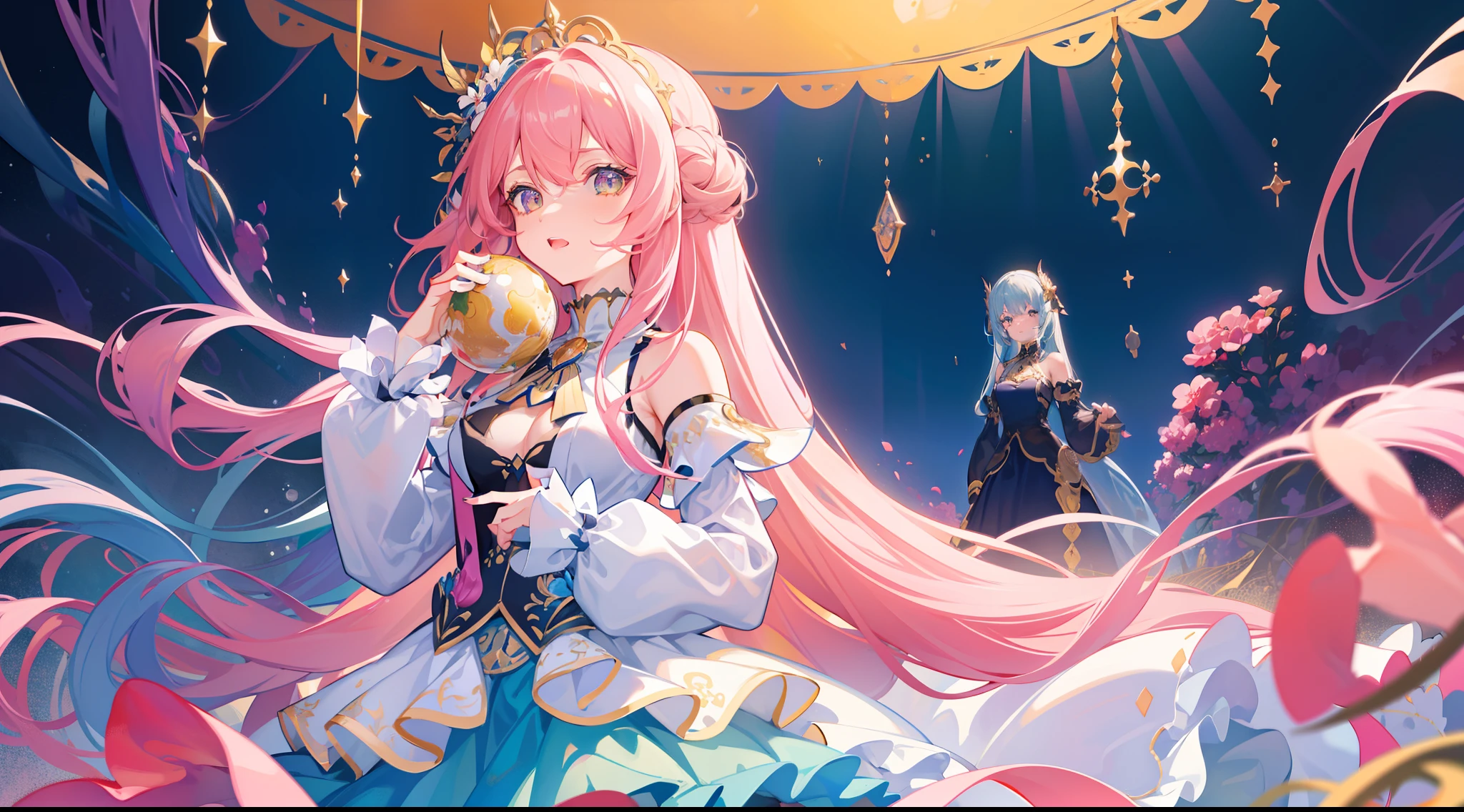 masterpiece, best quality, 8k resolution, sharp focus, intricate detail, beautiful girls, 2girls, 3girls, ((duo)), ((trio)), sparkling eyes, golden ratio face, otherworldly liquid, watercolor, muted colors, bright colors, whimsical, colorful, sharp focus, high resolution, fine detail, ((layered tiered puffy long sleeves ballgown)), ((round eyes)), iridescent bubbles, fantasia background