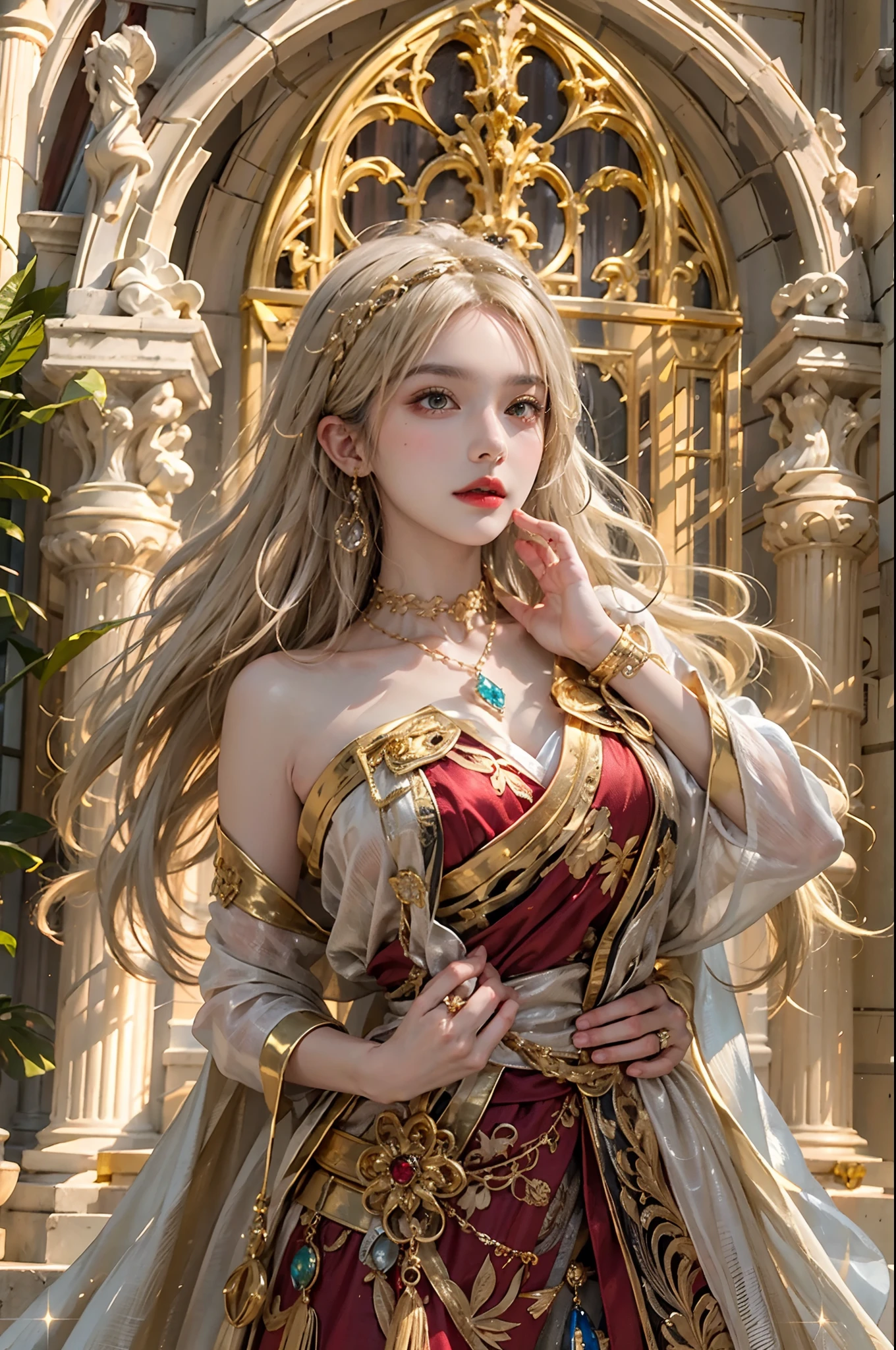 ultra detailed 8k cg,intricate detail,delicate patern,jewelry,gem,gold,golden,gold theme,shiny,glint,sparkle,blonde hair,yellow cloak,yellow eyes,rich,prestige,gothic architecture,(topless:1.1),