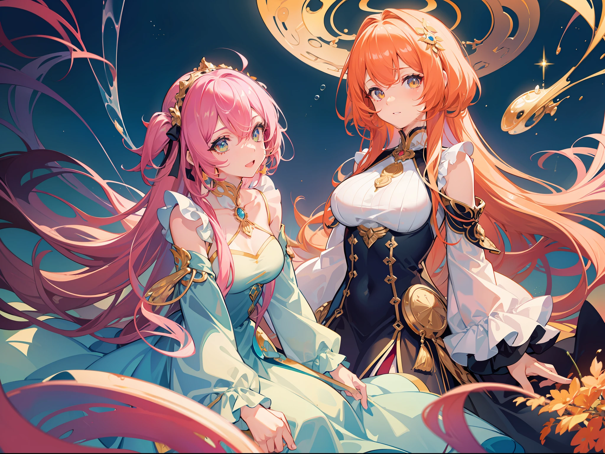 masterpiece, best quality, 8k resolution, sharp focus, intricate detail, beautiful girls, 2girls, 3girls, ((duo)), ((trio)), sparkling eyes, golden ratio face, otherworldly liquid, watercolor, sunset colors, bright colors, whimsical, colorful, sharp focus, high resolution, fine detail, ((layered tiered puffy long sleeves ballgown)), ((round eyes)), iridescent bubbles, fantasia background