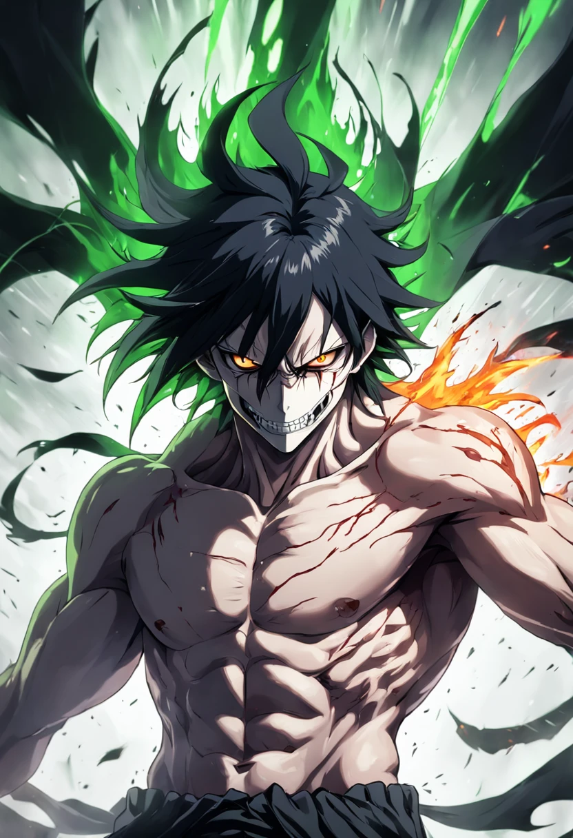 Create an emotional poster featuring Ulquiorra Cifer from "Bleach" in a fit of rage. Highly detailed half-skull captures the essence of his fiery determination and unyielding spirit as he unleashes his wrath on his enemies. Keep it short, bold and intense to convey the raw power of Ulquiorra Cifer's rage. realistic, dramatic shadows, film noir style, 4k