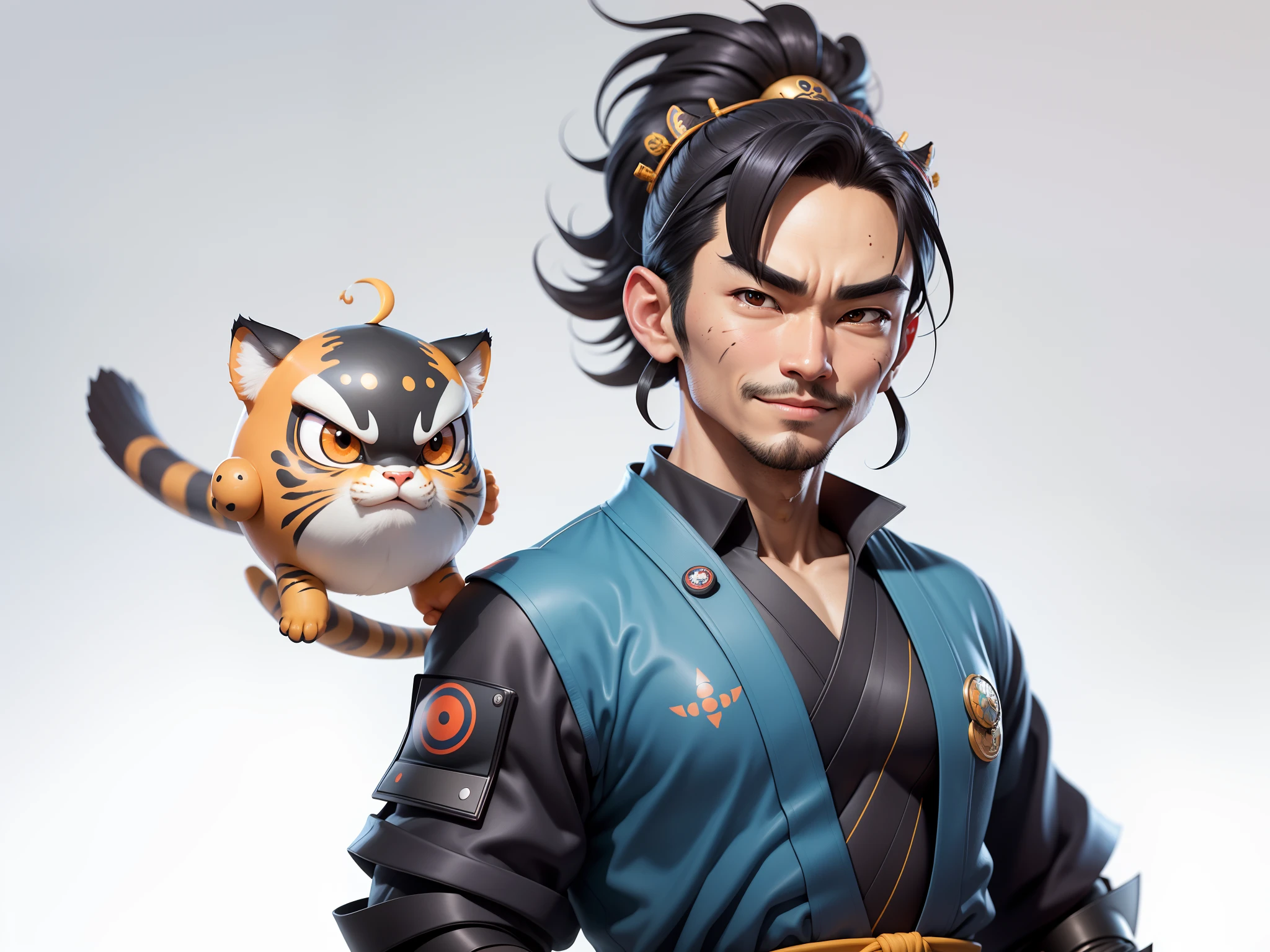 (Daisaku),(Need),(Super meticulous),(full bodyesbian:1.2),Super young man with Japanese geisha，Beautiful，orient，one tiger，Aeolian Thor，Raised sexy，爆乳，Oriental face，TV Anchor，Bust portrait illustration，In black suit，a blue tie，The face is slightly chubby，The face was clean，without a beard，Black super short hair，Black eyes，Smile confidently，3C computer sub-products，iPad， iphone，Digital painting，3D character design by Mark Clairen and Pixar and Hayao Miyazaki and Akira Toriyama，The illustration is a high-definition illustration in 4K resolution，With very detailed facial features and cartoon-style visuals。