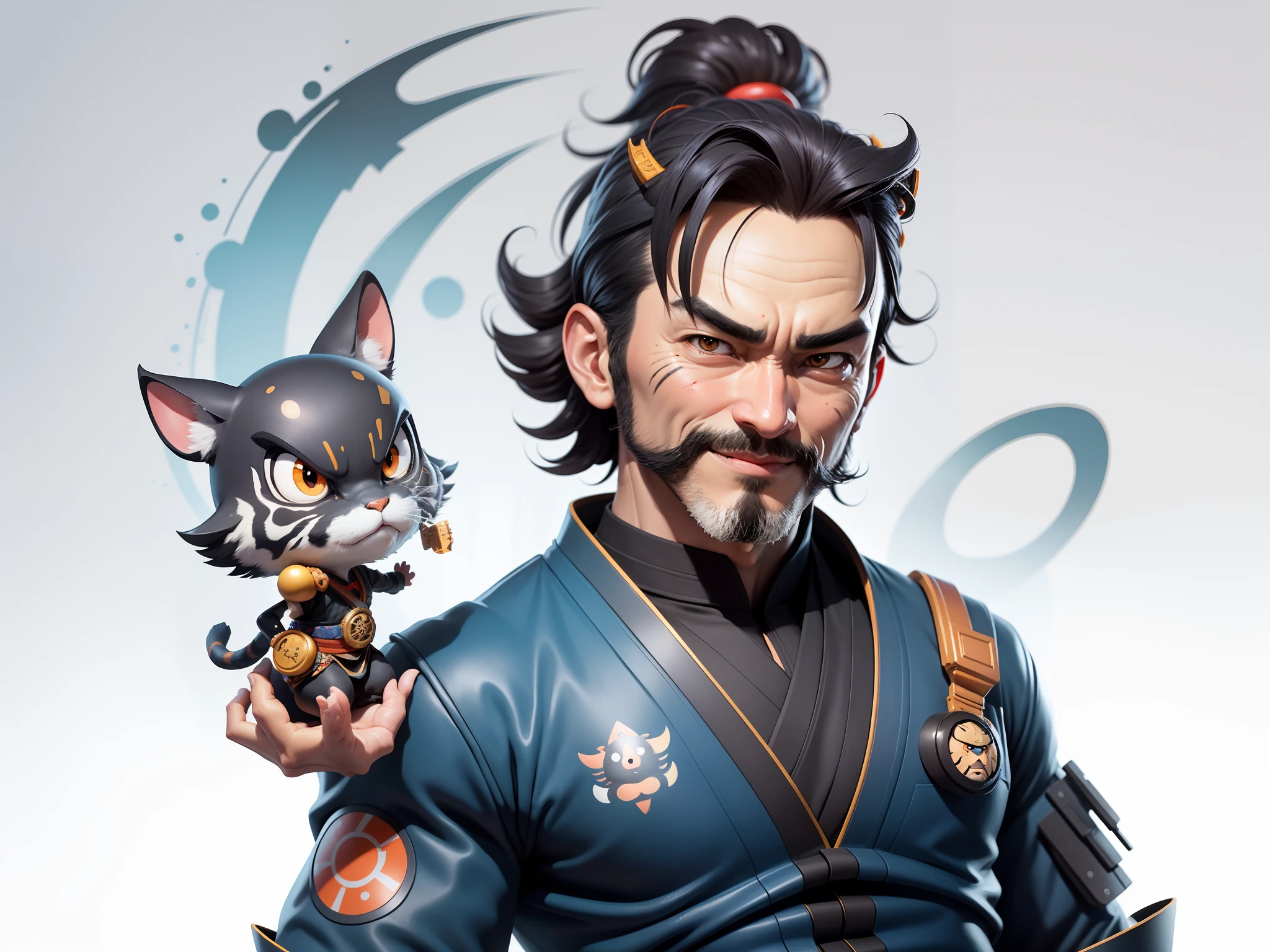 (Daisaku),(Need),(Super meticulous),(full bodyesbian:1.2),Super young man with Japanese geisha，Beautiful，orient，one tiger，Aeolian Thor，Raised sexy，爆乳，Oriental face，TV Anchor，Bust portrait illustration，In black suit，a blue tie，The face is slightly chubby，The face was clean，without a beard，Black super short hair，Black eyes，Smile confidently，3C computer sub-products，iPad， iphone，Digital painting，3D character design by Mark Clairen and Pixar and Hayao Miyazaki and Akira Toriyama，The illustration is a high-definition illustration in 4K resolution，With very detailed facial features and cartoon-style visuals。