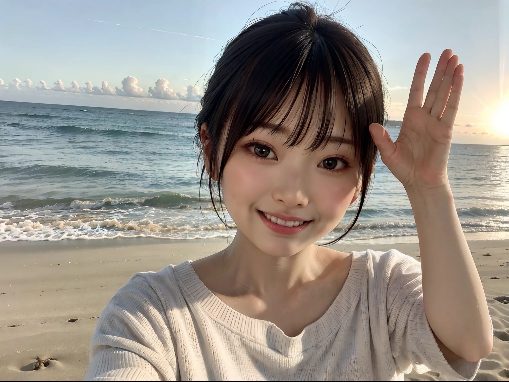 Japan girls in casual clothes、Watch your audience、Pose with a smile(top-quality、Master masterpiece)))、Standing on the beach、High Definition、ighly detailed、Master masterpiece、Movie Lighting、(8K、top-quality、Master masterpiece:1.2)、(Real、Photorealsitic:1.37) Hi-Res、Super Detail、1girl in 、Woman with glasses、Thin frame round glasses、Light colored glasses frames、Asian, cute little, Cute face, Solo, Short hair 1.2, Textured skin, Beautiful smile, Beautiful detailed evening sky, Sunset, Movie Lighting, depth of fields, Lens flare light、Dating、(blush nose)、(Smiling face:1.15)、(Mouth closed)tiny chest、Beautiful eye for detail、(Sweaters:1.1)、evening、(Short hair:1.2)、Floating hair Nova frog style、the beach, (Horizon, Beautiful sea, skyporn, Sunset:1.2),