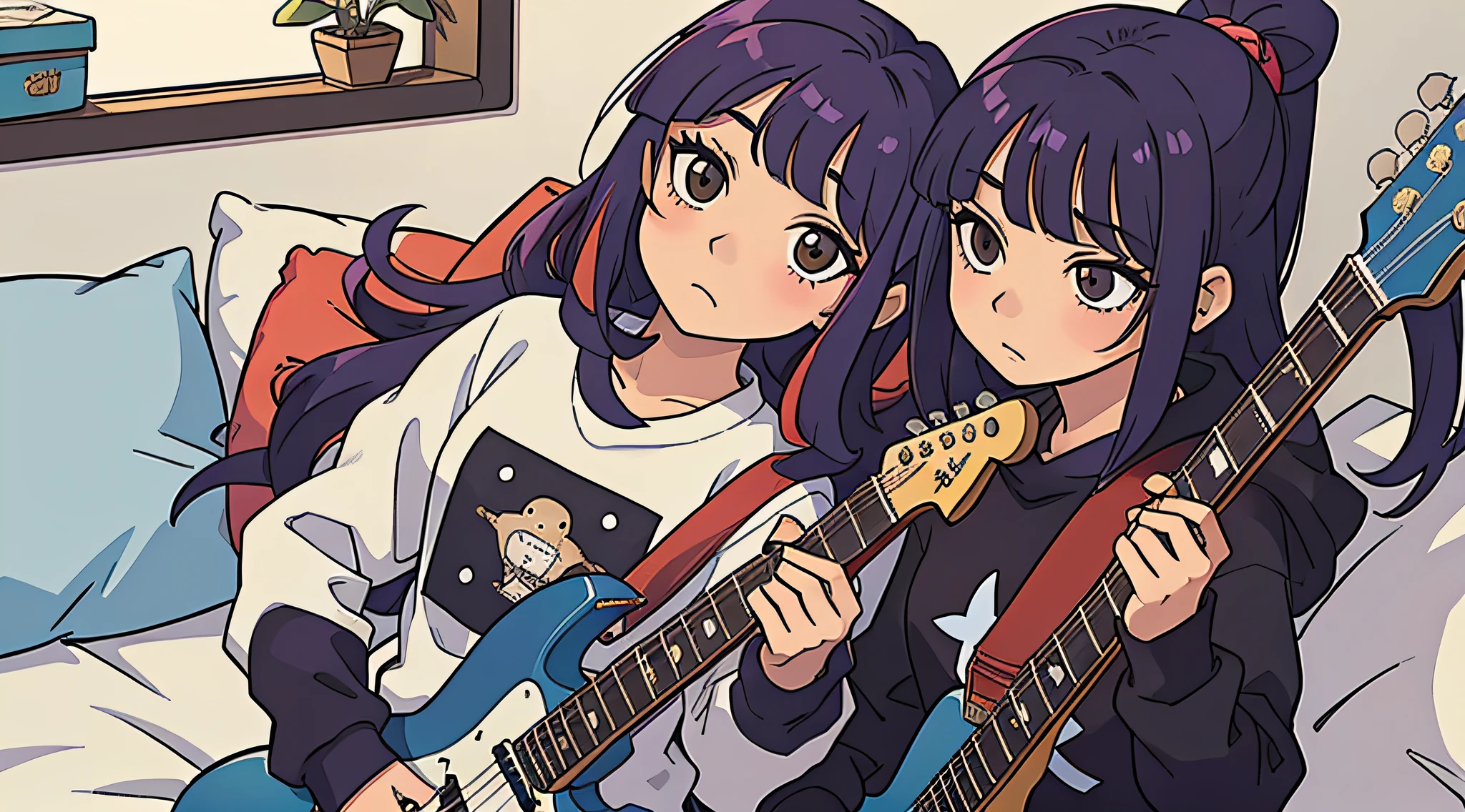 obra prima, menina bonita anime, cabelos vermelhos, roupa de rock, estilo rock, dentro do quarto, deitada na cama, cara triste, guitarra do lado, um gato ao lado