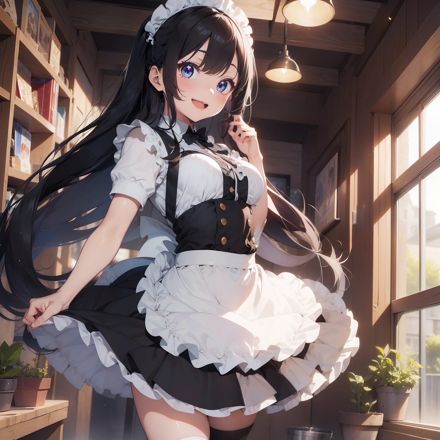 best quality,1girl,((((************:1.3)))))),curvy,orgasm,blush, sweat,black hair,hair ribbon,((((maid)))),mini skirt,stage,((lift skirt,upskirt,lace panties,white panties:1.1)),white kneehighs,Tachibana Arisu,looking back