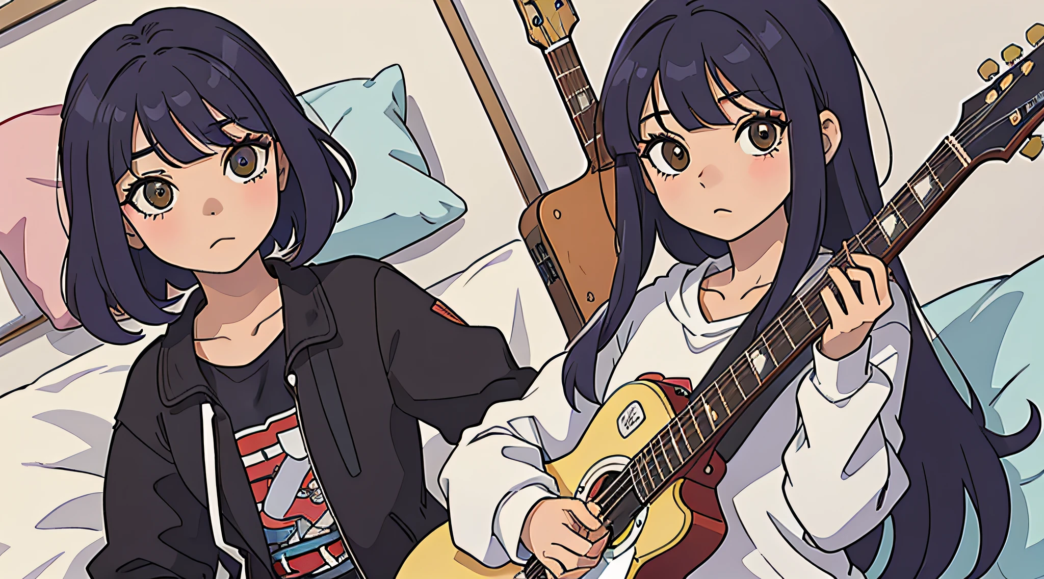 obra prima, menina bonita anime, cabelos vermelhos, roupa de rock, estilo rock, dentro do quarto, deitada na cama, cara triste, guitarra do lado, um gato ao lado