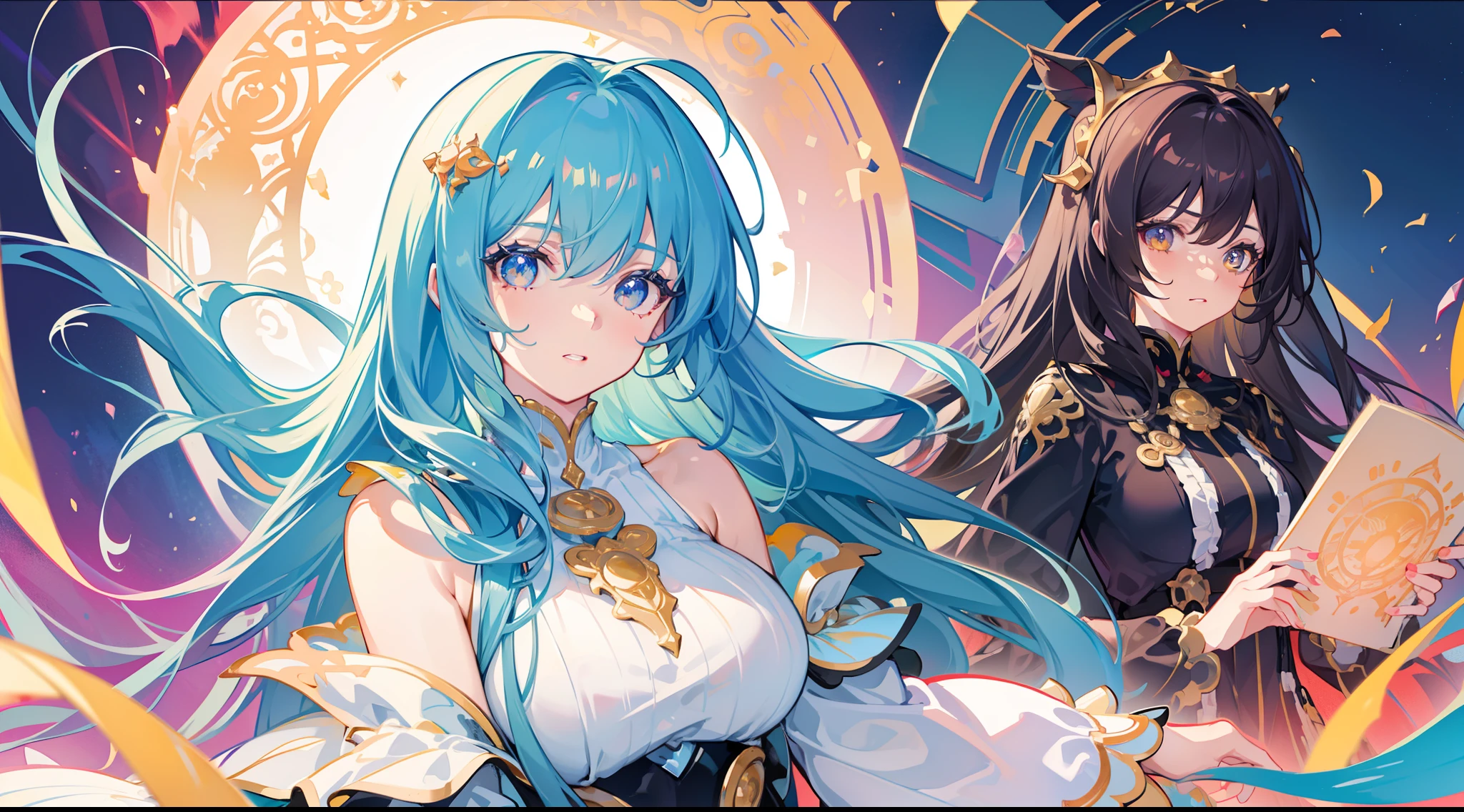masterpiece, best quality, 8k resolution, sharp focus, intricate detail, beautiful girls, 2girls, 3girls, ((duo)), ((trio)), sparkling eyes, golden ratio face, otherworldly liquid, watercolor, sunset colors, bright colors, whimsical, colorful, sharp focus, high resolution, fine detail, ((layered tiered puffy long sleeves ballgown)), ((round eyes)), iridescent bubbles, fantasia background