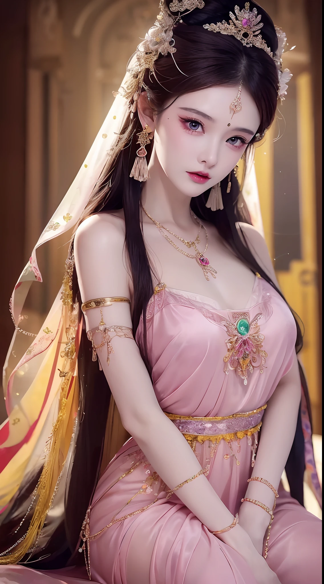 1 20 year old girl, 1 Goddess Athena, Pink purple silk dress, The beautiful goddess Athena has no blemishes on her face, Delicate yellow dressing gown, Fine sequin long nightdress，Paired with lots of sexy black lace details, 1 thin red silk cloth half veil, Legend of the female saint, Female saint idol, Beautiful goddess style glitter, Dark and mysterious version, Zhu lips, Plump red lips, Without smiling, Mouth closed, Exquisite and beautiful Pino details, Delicate and beautiful lip details, , (Pure and flawless face: 1.9), Female saint body, Round chest, Big and round breasts, Phoenix brooch, Changping bangs, (7 colors iridescent: 1.9), Tattoo of a flower patch on the forehead, Beautiful clear face and well-proportioned eyes, (transparent yellow eyes: 1.8), (Big round eyes and makeup, Sexy wet eye makeup, Very beautiful and delicate hair makeup, Delicate long blonde hair, Delicate, Body image: 1.8), figure: vivid vibrant, (The stars that make up the sky: 1.7), (The sky of heaven and the imaginary gate of time and space: 1.8), Fictional art, RAW photos, hanfu photos, best photos, high resolution, Best quality, best photos, Best goddess quality, 8K women, Super 8 Single Saint Portrait, truest color scheme, Masterpieces, Best Beauty Brand, The best hair accessory, Live-action photos of the brand, Dark Studio, Border light, Two-tone lighting, (Rose white skin: 1.4), (High skin detail: 1.1), 8K  UHD, d DSLR, Soft light, 8K, High quality, candid, The volume is smooth and sharp, 10x pixel increase, Sexy goddess, Sexy goddess, (background space: 1.8), (The most beautiful aurora eyes: 1.7), Beautiful eyes, The aurora is beautiful and blooming, (Beautiful single girl: 1.8), (More details:0.8),
