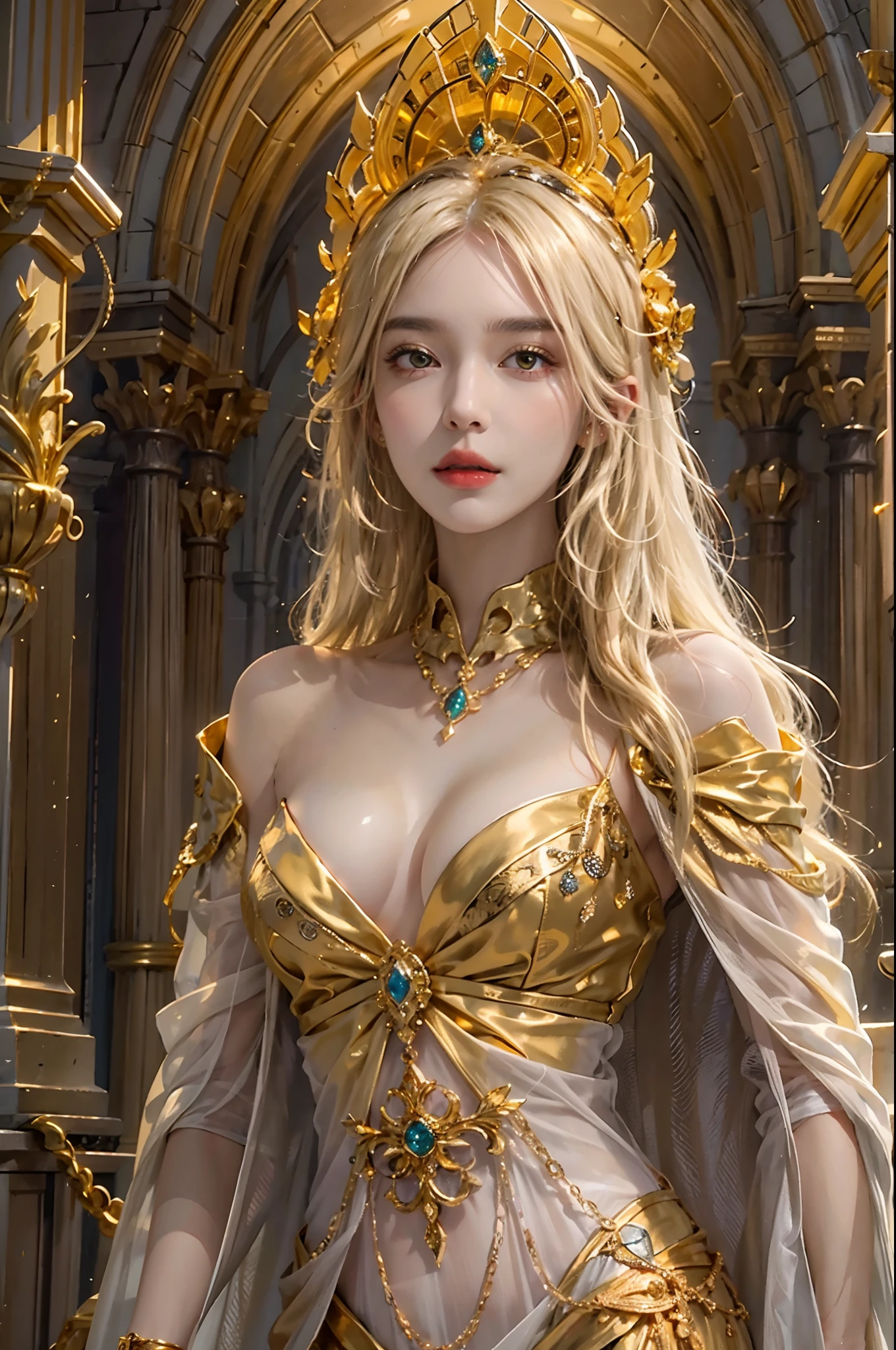 ultra detailed 8k cg,intricate detail,delicate patern,jewelry,gem,gold,golden,gold theme,shiny,glint,sparkle,blonde hair,yellow cloak,yellow eyes,rich,prestige,gothic architecture,(topless:1.1),