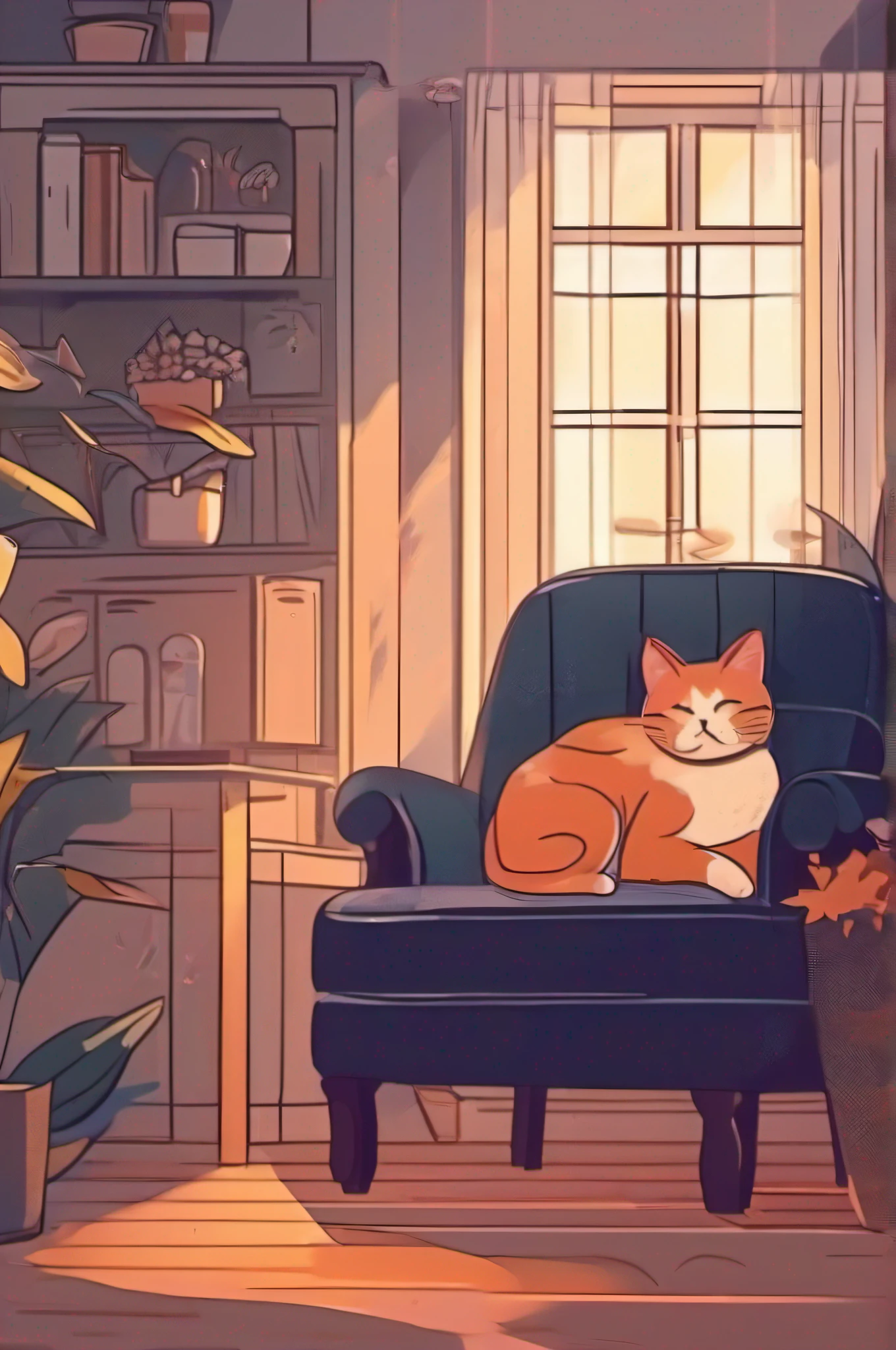 There was a cat lying on a chair in the room, cozy place, relaxing on the couch, cozy home background, a cat sitting in a chair, relaxing on the couch, inside a cozy house, sitting in the couch, cozy living room background, in a comfortable chair, lo-fi illustration style, at the sitting couch, sitting in the couch
