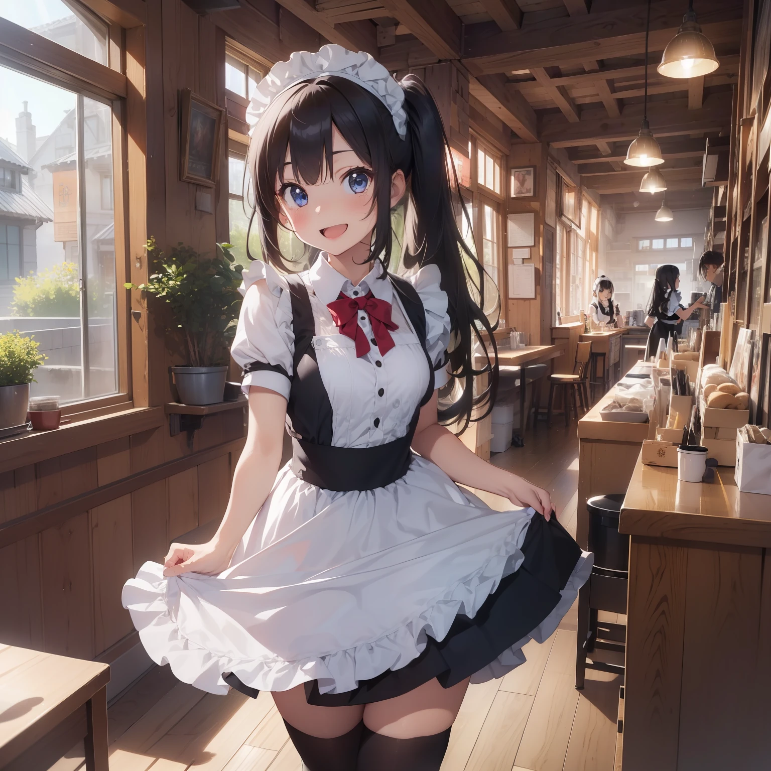 (superfine illustration:1.2),(masutepiece, 8K), (Best Quality, High quality:1.4), portlate、((Super Pastel)),Perfect ???????, Hyper Detailed, ultra-detailliert,masterpiece background,beautiful detailed background, V8K Wallpapers,perfect design, 1girl in, Solo, ,(Twin-tailed:1.3),(Very short sleeves,Black hair,maid, Maid Mini Skirt、Outstanding smile、frombelow,), (lightsmile, Open mouth, 17 years old, A dark-haired, (Super long hair,Twin-tailed:1.3), Blue eyes, Blue eyes, Black blouse, Short sleeves, maid apronl, white maid apron, Maid Mini Skirt、 long boots, Slender girl), (Inside a coffee shop in a fantasy world of medieval Europe)、(dynamic motion)、