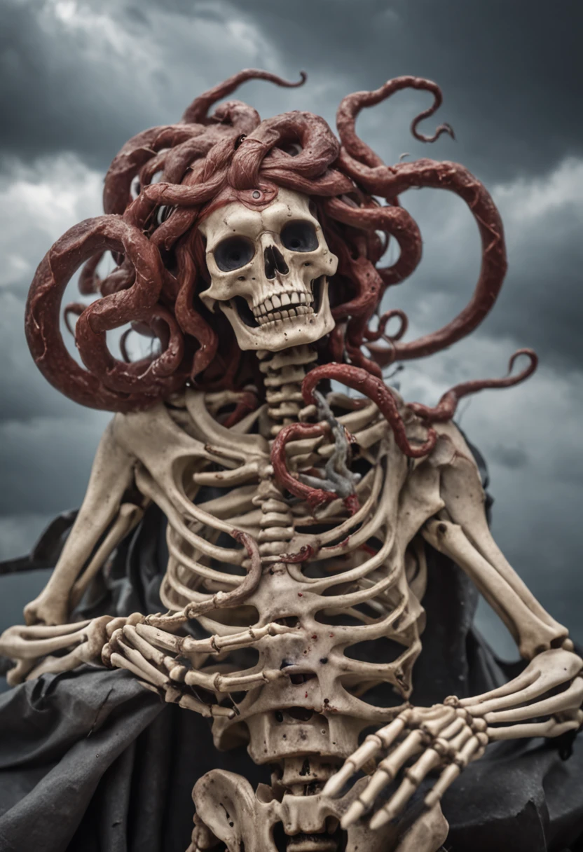 skeletons holding Medusa's head in their arms after a bloody fight, rainy weather with lightning and thunder, bright rays coming out of his eyes and with an expression of hatred