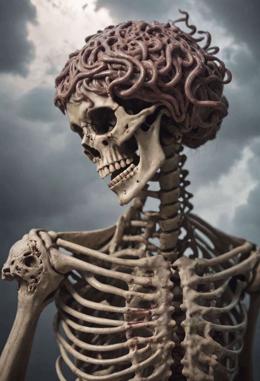 skeletons holding Medusa's head in their arms after a bloody fight, rainy weather with lightning and thunder, bright rays coming out of his eyes and with an expression of hatred