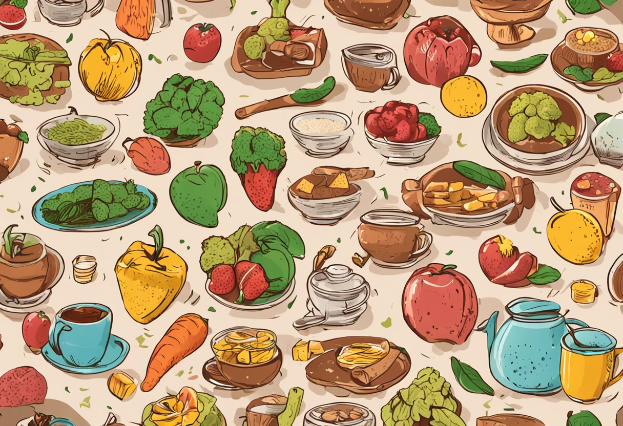 Crie uma imagem de capa para um post no Instagram sobre mitos nutricionais. Na imagem, coloque uma "pilha" of mythical foods, like magic teas, Slimming Potions and Miracle Supplements, todos empilhados como em um castelo de cartas. Ao lado da pilha, Add a blast icon ("boom") that is undoing the pile of myths. Na parte inferior da imagem, Insert a plate of balanced, healthy food, com um toque de humor, like a broccoli flying or dancing, ou uma coreografia de vitaminas. Sobre a imagem, inclua o texto: "Mitos Nutricionais Desmascarados" ou "Separating Fact from Fiction in Nutrition". A imagem deve refletir um estilo divertido, intrigante e cativante, aligned with a humorous and direct communication tone. Remember to use vibrant colors and eye-catching visuals.