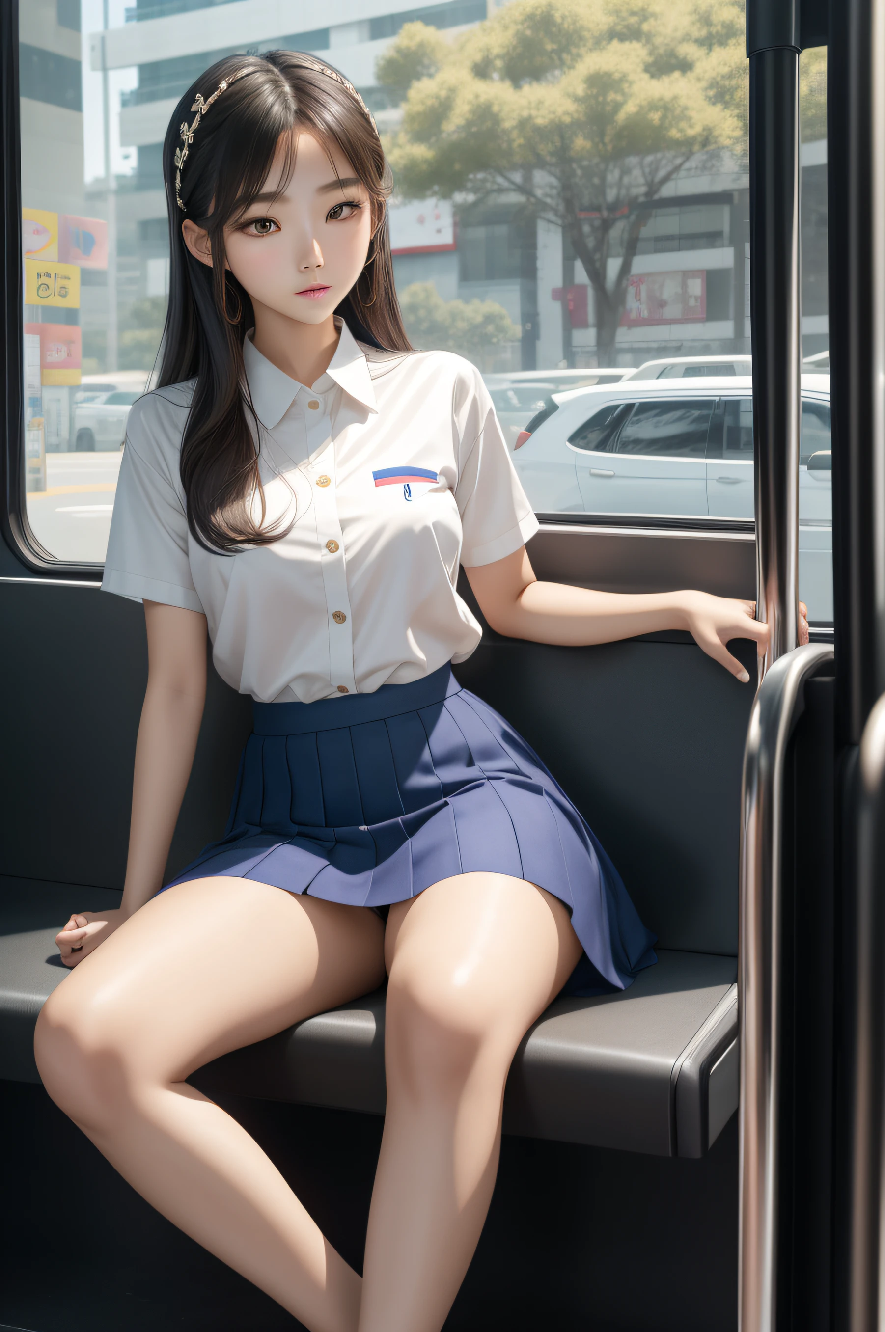 araffe girl sitting on a bus seat with her legs crossed, korean girl, gorgeous young korean woman, asian girl, skirt, korean women's fashion model, beautiful south korean woman, beautiful young korean woman, korean, heonhwa choe, hot petite, gorgeous lady, young asian girl, korean woman, young pretty gravure idol, young skinny gravure idol