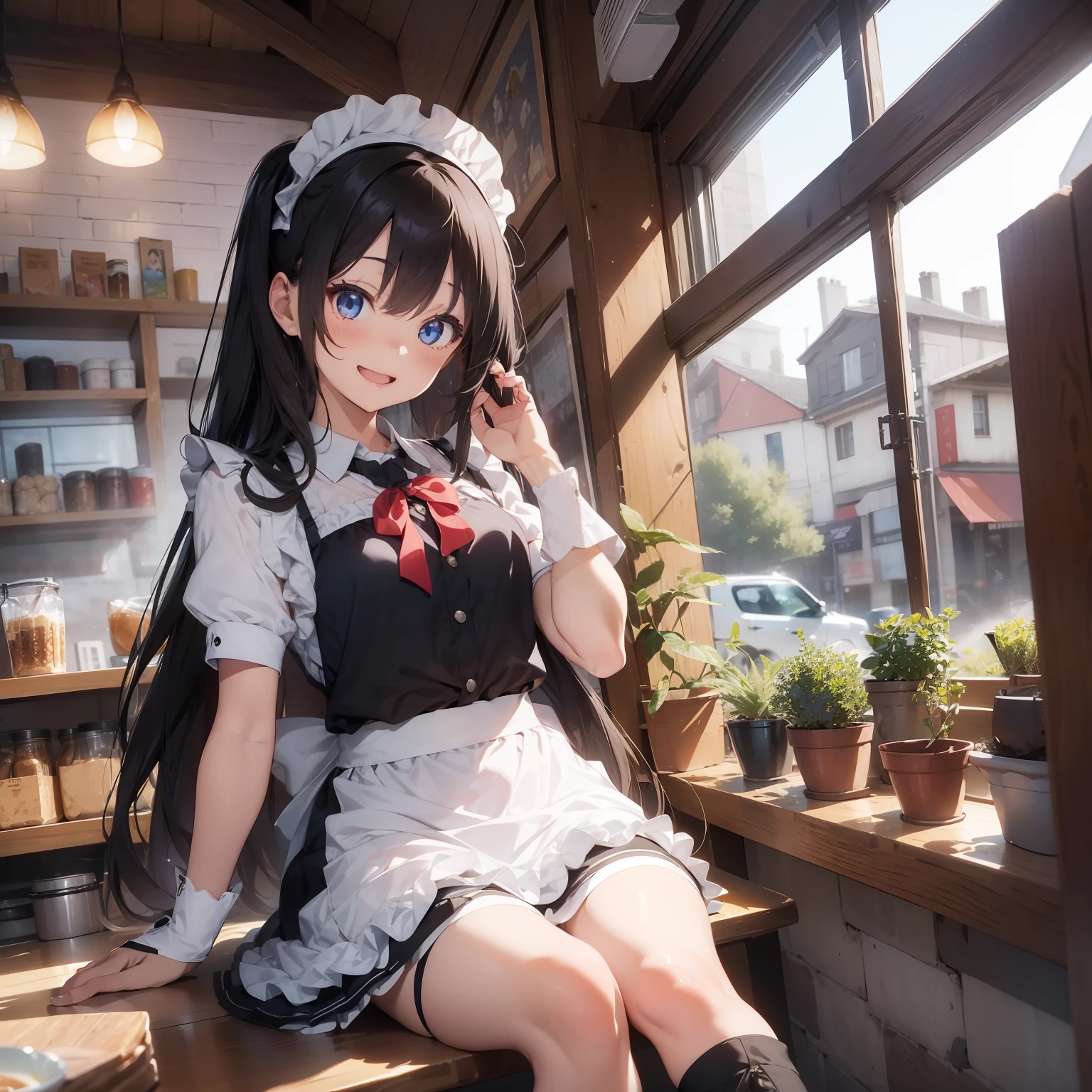 (superfine illustration:1.2),(masutepiece, 8K), (Best Quality, High quality:1.4), portlate、((Super Pastel)),Perfect Anatomy, Hyper Detailed, ultra-detailliert,masterpiece background,beautiful detailed background, V8K Wallpapers,perfect design, 1girl in, Solo, ,(Twin-tailed:1.3),(Very short sleeves,Black hair,maid, Maid Mini Skirt、Outstanding smile、frombelow,), (lightsmile, Open mouth, 17 years old, A dark-haired, (Super long hair,Twin-tailed:1.3), Blue eyes, Blue eyes, Black blouse, Short sleeves, maid apronl, white maid apron, Maid Mini Skirt、 long boots, Slender girl), (Inside a coffee shop in a fantasy world of medieval Europe)、(dynamic motion)、