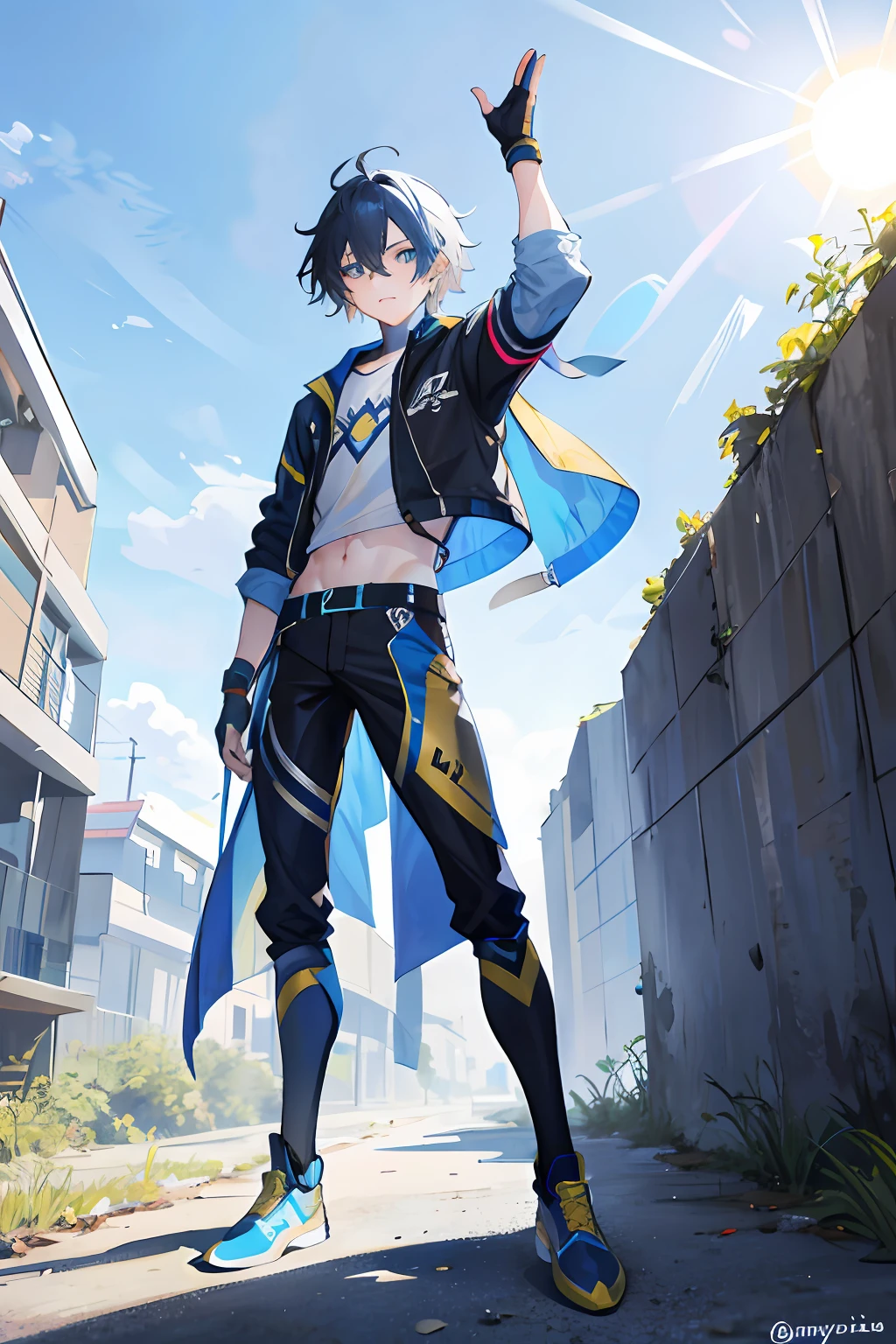 A teenage boy,greyt hair ,The sun shines,blue colored eyes,Impressive everyday clothing,hands behind body,standing on your feet,full bodyesbian,Impressive