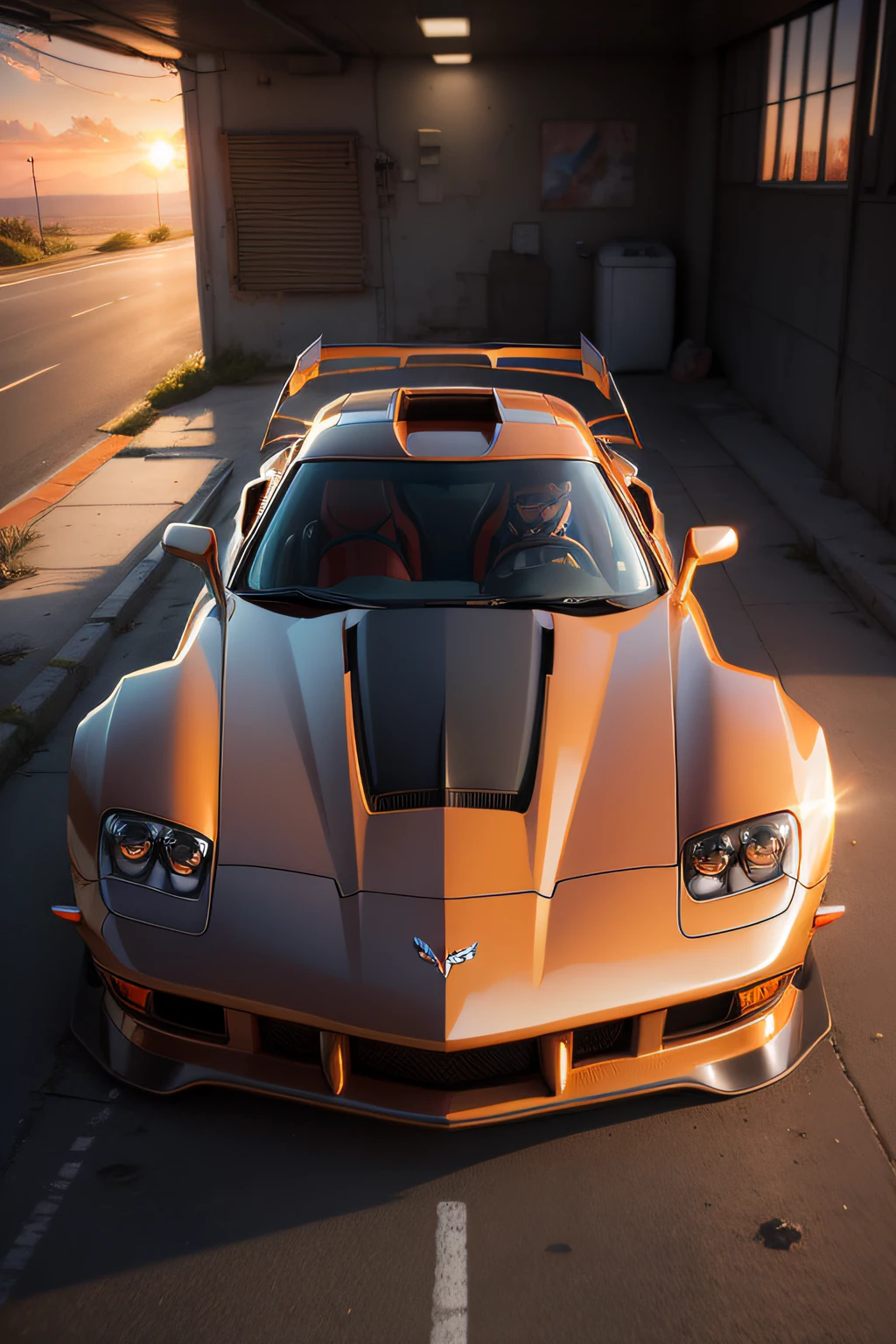 (nvinkpunk:1.2) (snthwve style:0.8) corvette, lightwave, sunset, intricate, highly detailed