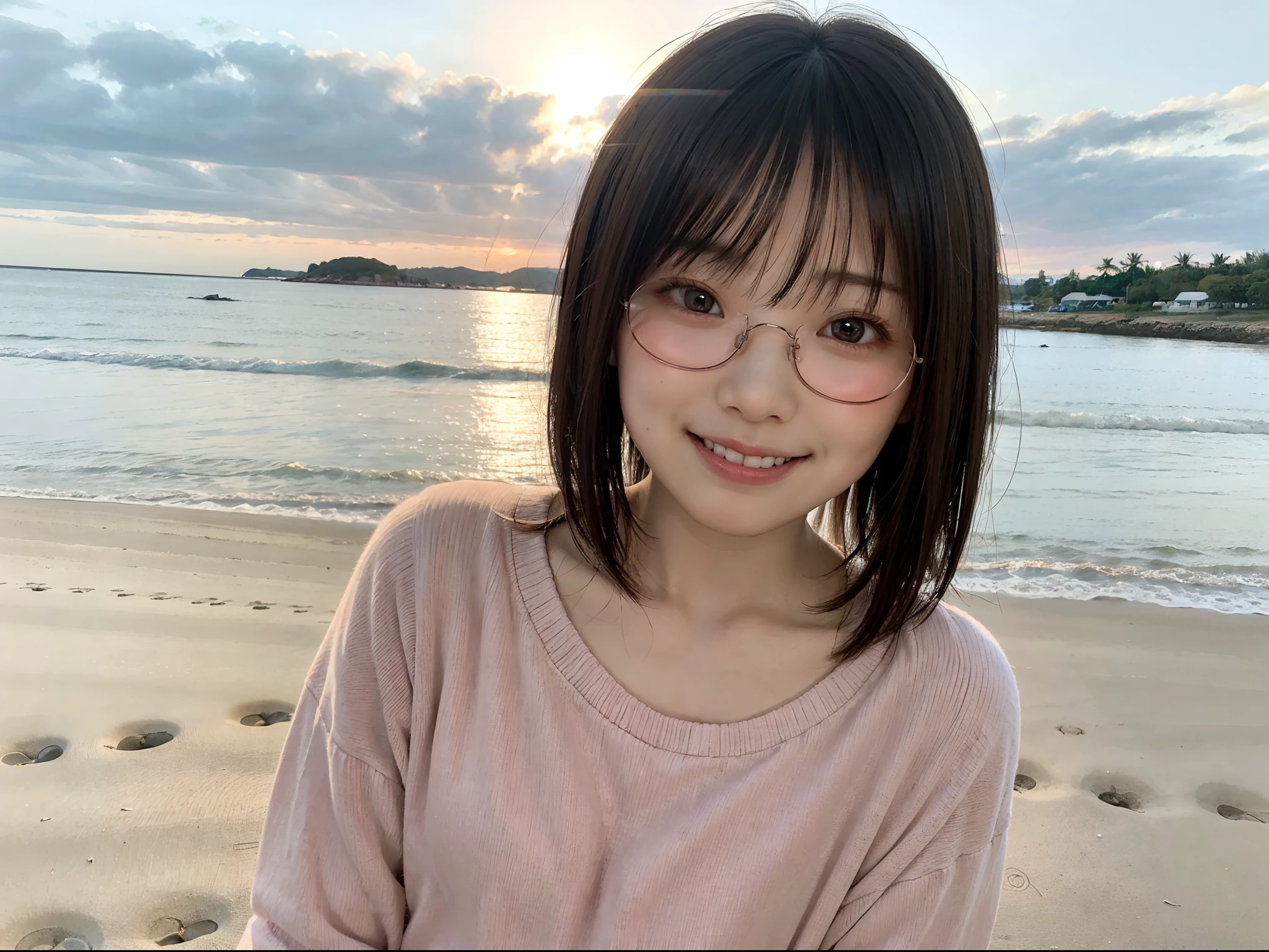 Japan girls in casual clothes、Watch your audience、Pose with a smile(top-quality、Master masterpiece)))、Standing on the beach、High Definition、ighly detailed、Master masterpiece、Movie Lighting、(8K、top-quality、Master masterpiece:1.2)、(Real、Photorealsitic:1.37) Hi-Res、Super Detail、1girl in 、Woman with glasses、Thin frame round glasses、Light colored glasses frames、Asian, cute little, Cute face, Solo, Short hair 1.2, Textured skin, Beautiful smile, Beautiful detailed evening sky, Sunset, Movie Lighting, depth of fields, Lens flare light、Dating、(blush nose)、(Smiling face:1.15)、(Mouth closed)tiny chest、Beautiful eye for detail、(Sweaters:1.1)、evening、(Short hair:1.2)、Floating hair Nova frog style、the beach, (Horizon, Beautiful sea, skyporn, Sunset:1.2),