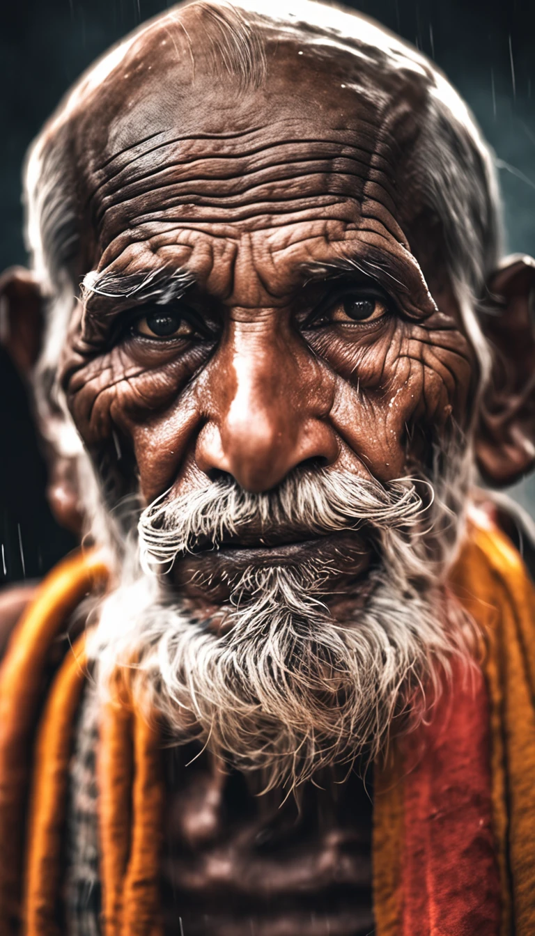 (sharp focus:1.2), an award winning full body photo of an Indian old man peasant, Straigt face, Indian old monk, bearded, wrinkled, water droplets, thunderstorm outside, lightning back lighting, , lines on face, wrinkles, extremely detailed skin, sadness, hopelessness ,cloudy eyes, (deep shadows:1.1), high contrast, beautiful eyes, absurdres, 8k, (high quality:1.3), , artstation hd, concept art, detailed face and body, award-winning photography, (moody lighting:1.2), depth of field, bokeh, 4K, HDR