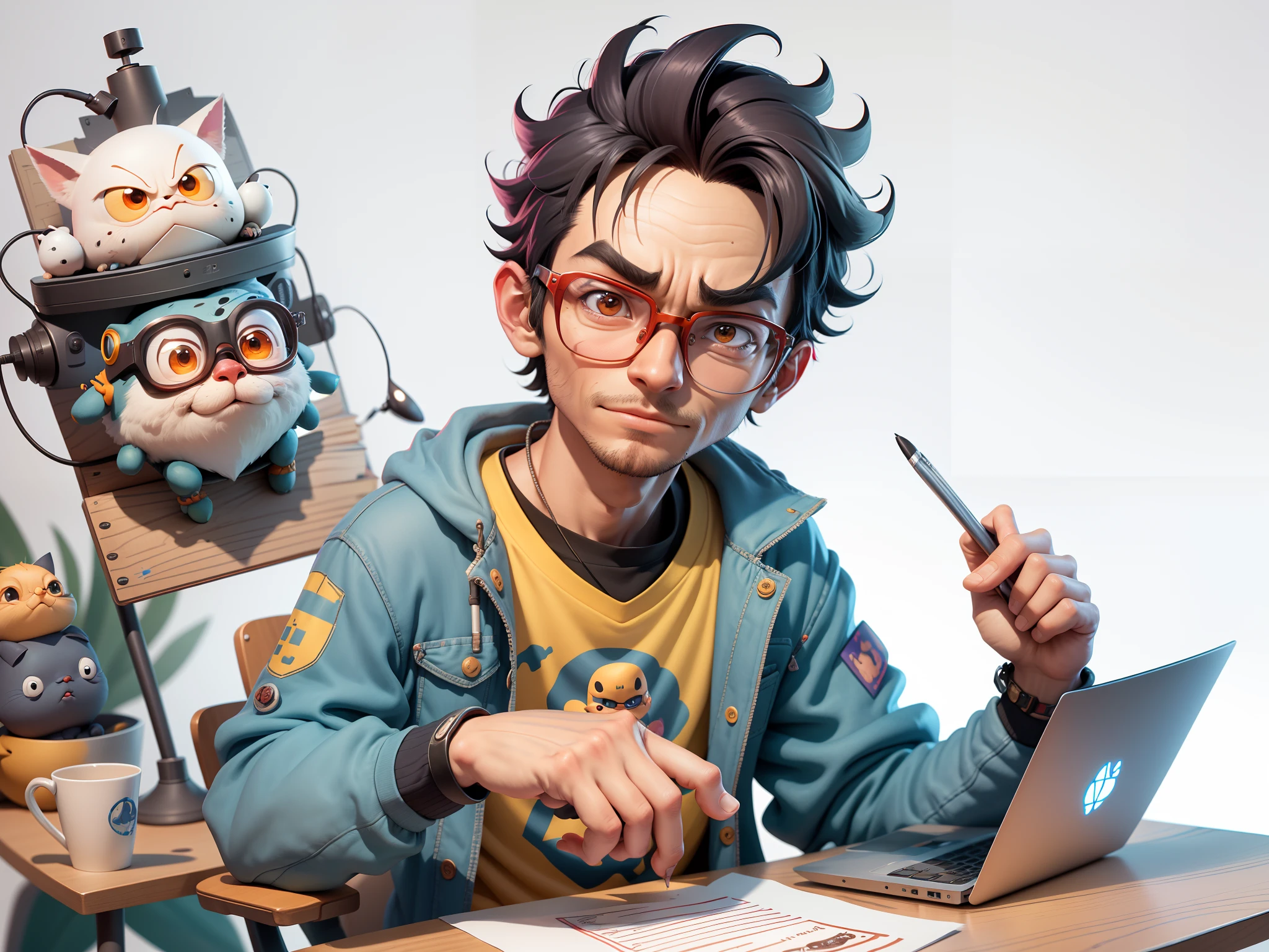 A young man with glasses sits at his desk,holding laptop,digitial painting,3D character design by Mark Clairen and Pixar and Hayao Miyazaki and Akira Toriyama,4K HD illustration,Very detailed facial features and cartoon-style visuals。