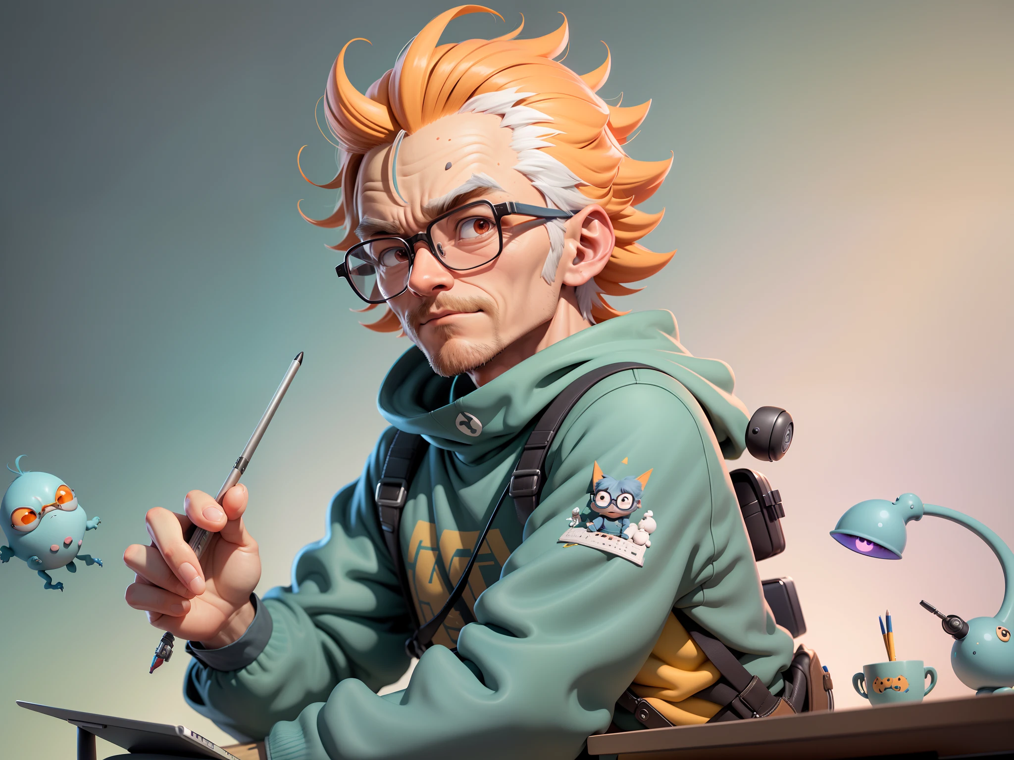 A young man with glasses sits at his desk，holding laptop，digitial painting，3D character design by Mark Clairen and Pixar and Hayao Miyazaki and Akira Toriyama，4K HD illustration，Very detailed facial features and cartoon-style visuals。