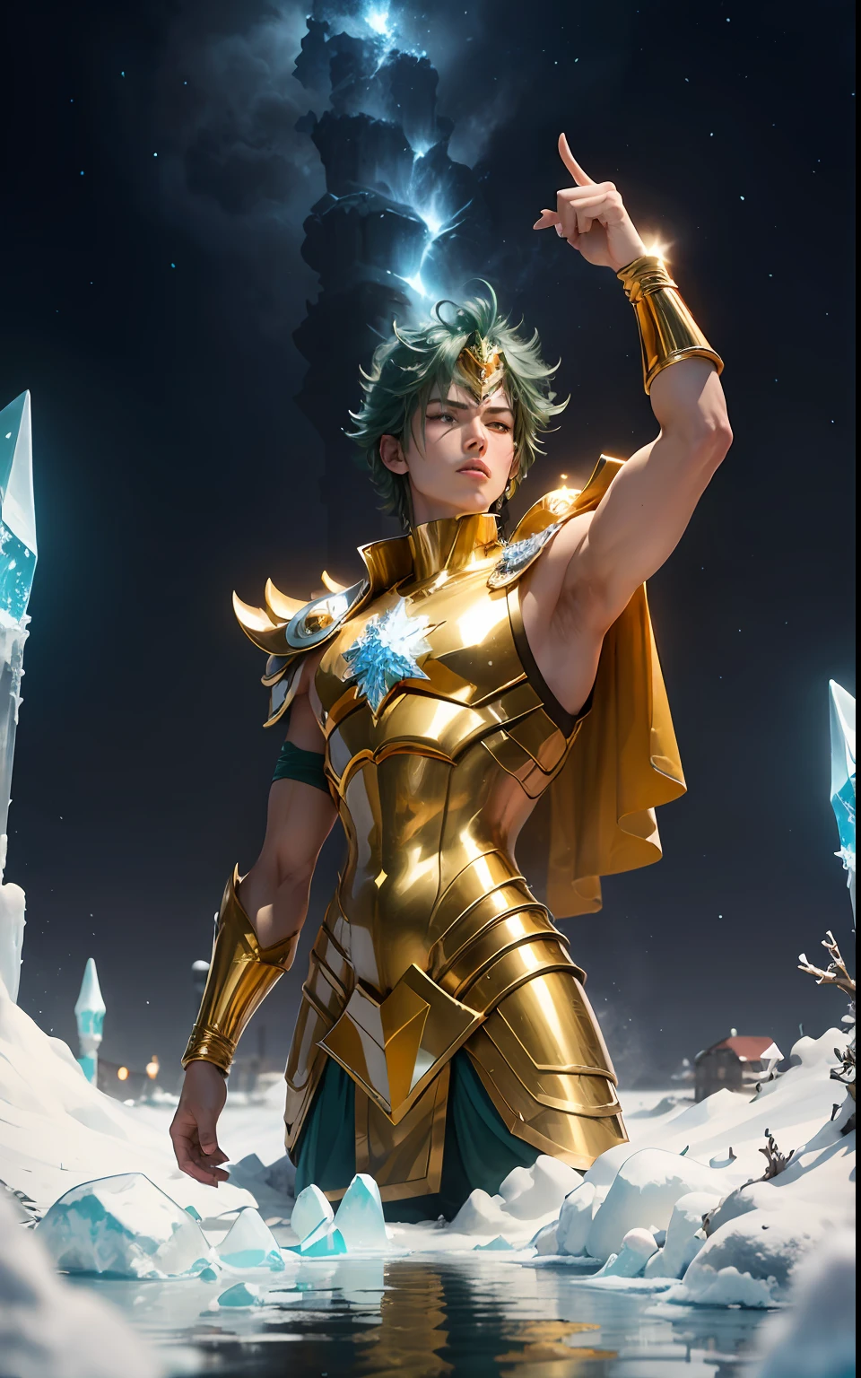 Aquarius Gold Saint Seiya,Dark green hair(Gold holy clothes)One finger points to the sky above the head,Snowflakes around,The sea is frozen,Through the pure ice crystals is the frozen city of Atlantis。