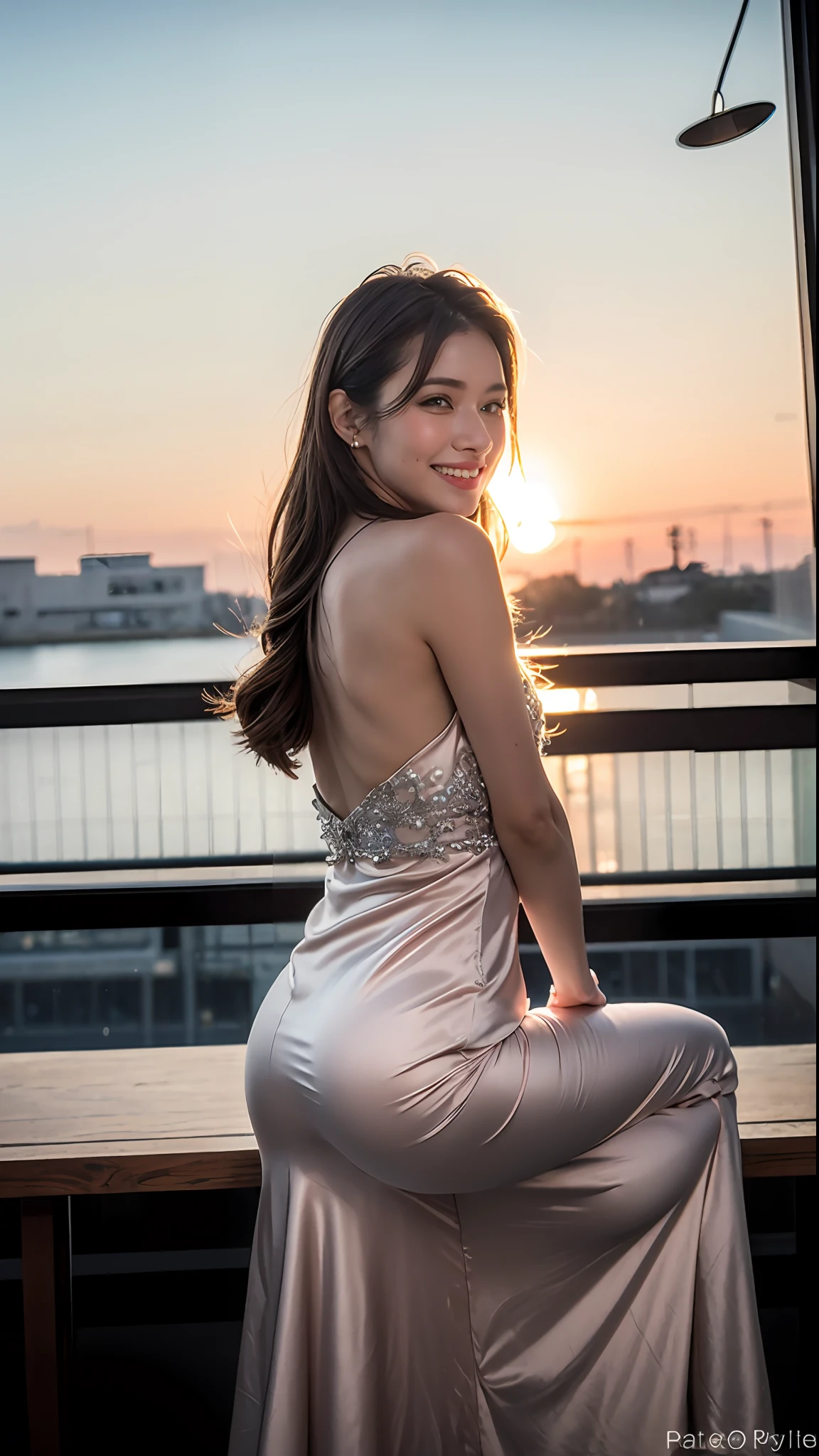 (8k, top quality, masterpiece: 1.2), (realistic, photorealistic: 1.37), super detailed, girl single, cute, solo, midnight, beautiful detailed sky, detailed café, sitting, date, (blush), (smile: 1.15), small breasts (mouth closed), beautiful fine eyes, floating hair NovaFrogStyle, back open dress